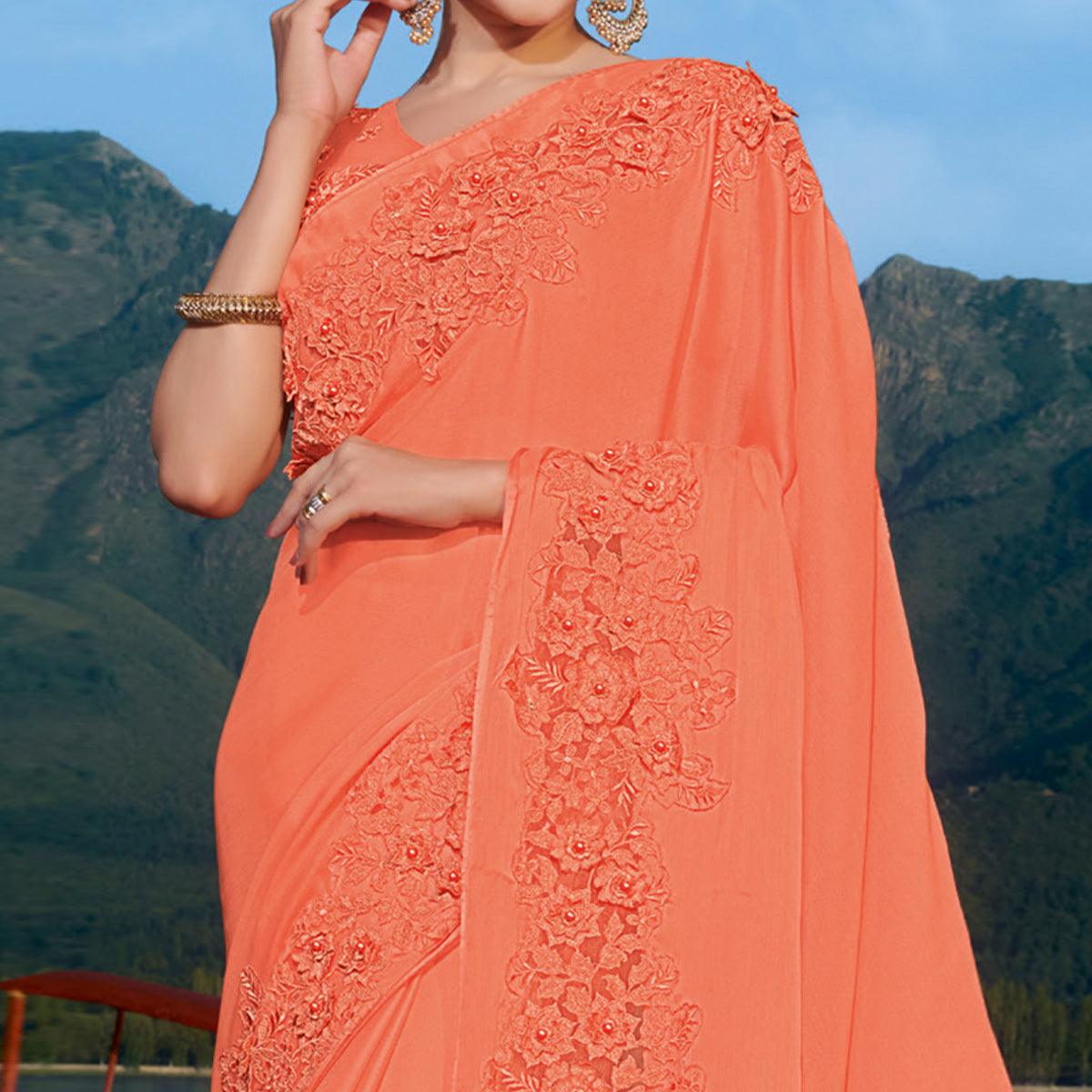 Orange Partywear Floral Embroidered Chiffon Saree - Peachmode