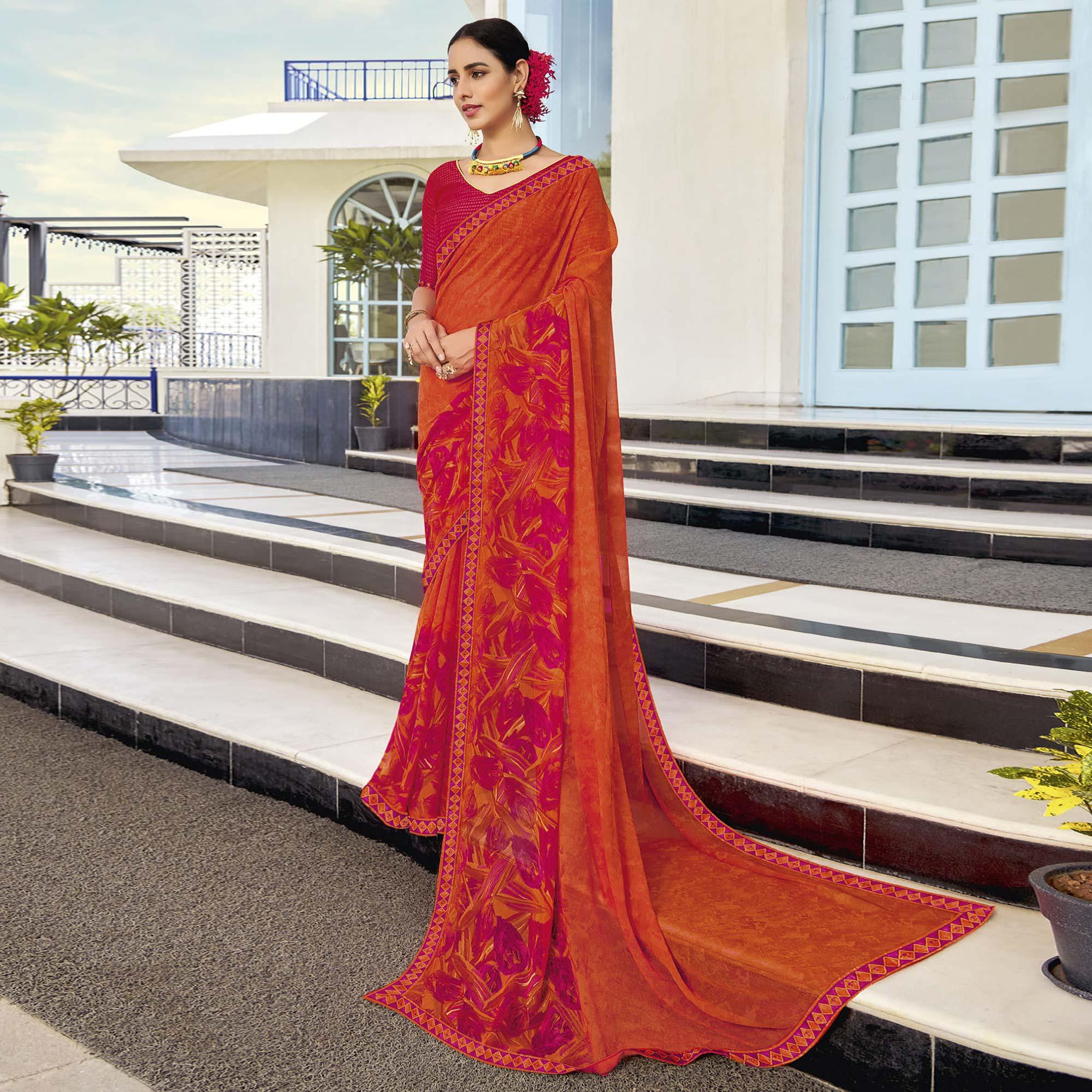 Orange Partywear Floral Printed Georgette Saree - Peachmode