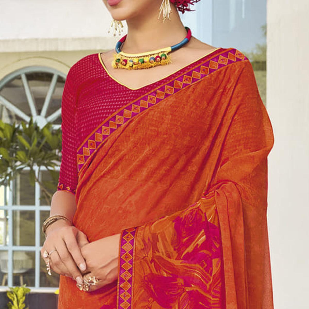 Orange Partywear Floral Printed Georgette Saree - Peachmode