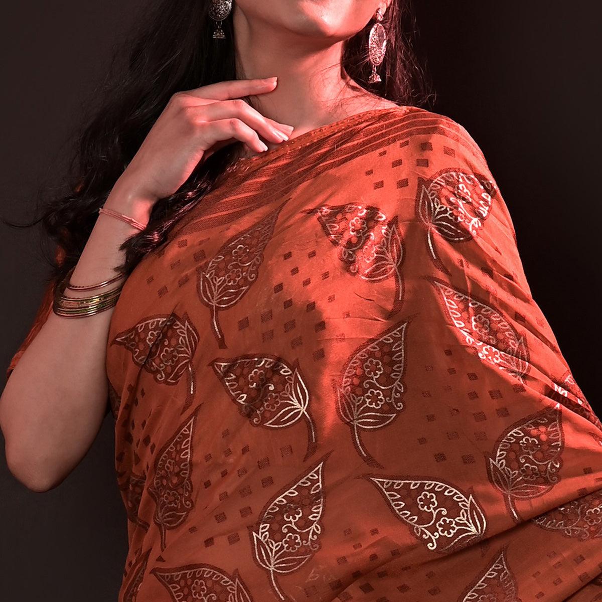 Orange Partywear Foil Printed Diamond Lace Brasso Saree - Peachmode