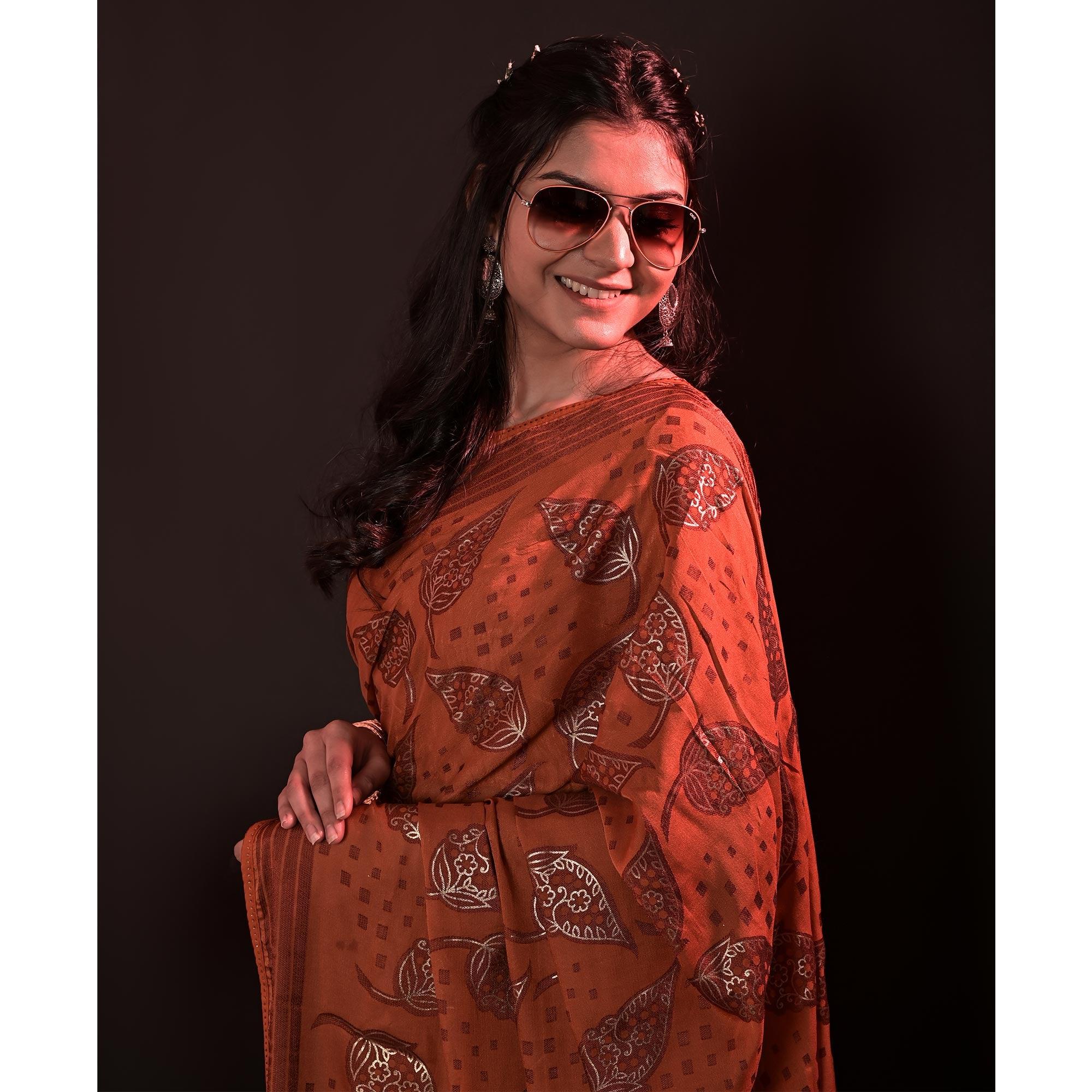 Orange Partywear Foil Printed Diamond Lace Brasso Saree - Peachmode