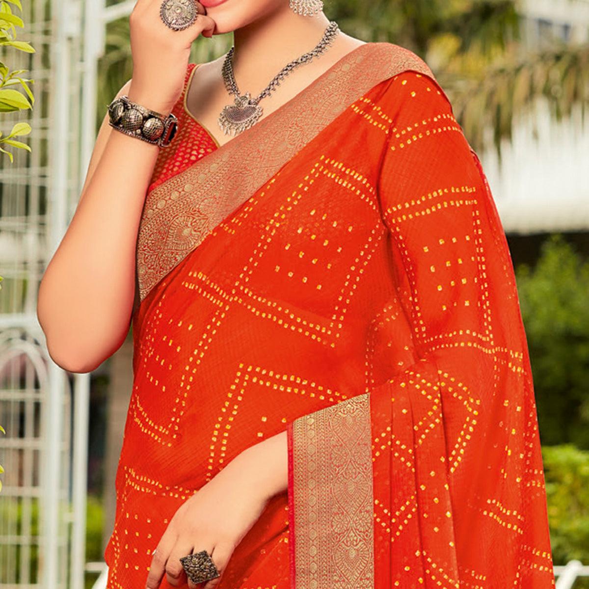 Orange Partywear Printed Chiffon Saree With Border - Peachmode