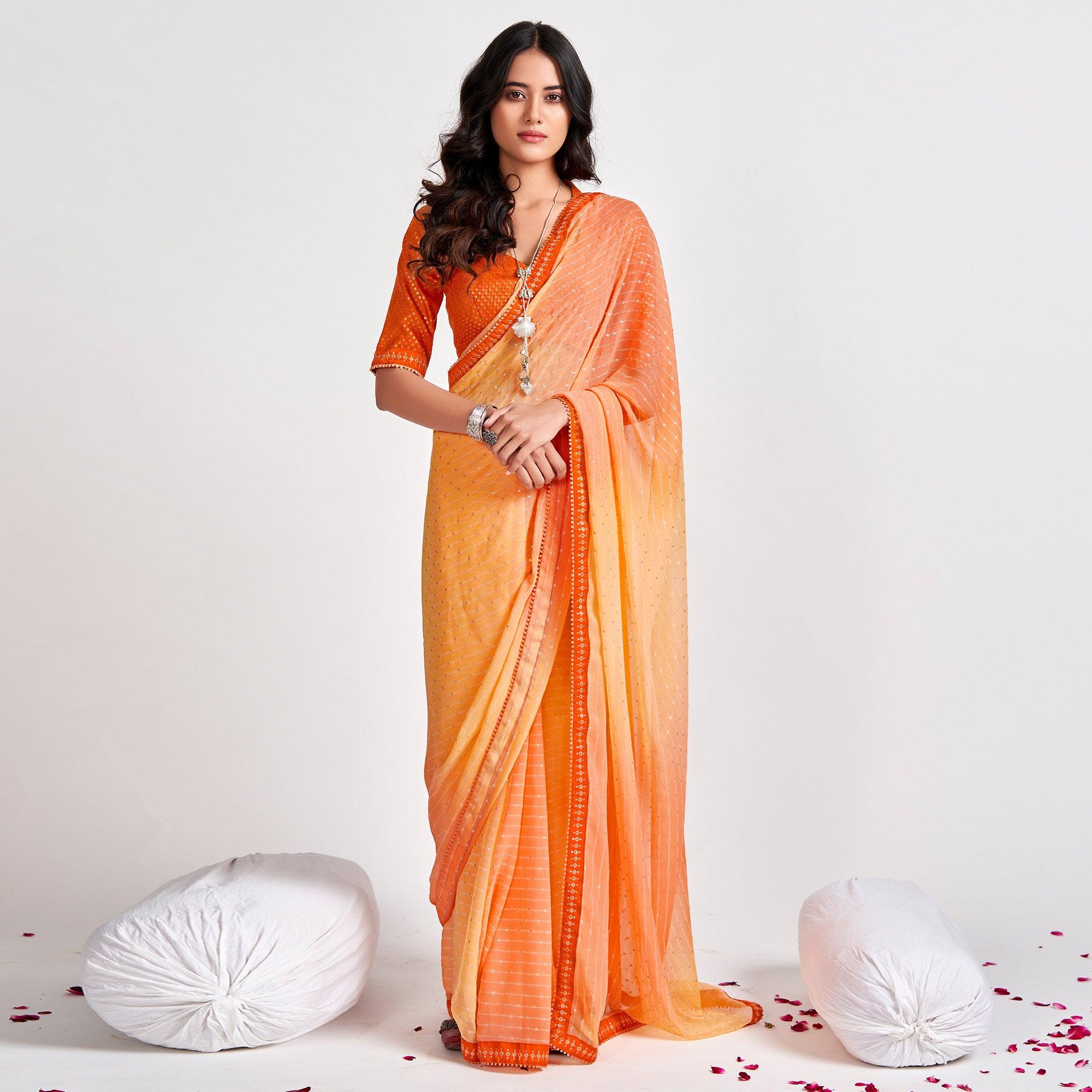 Orange Partywear Sequence Foil Printed Georgette Saree - Peachmode