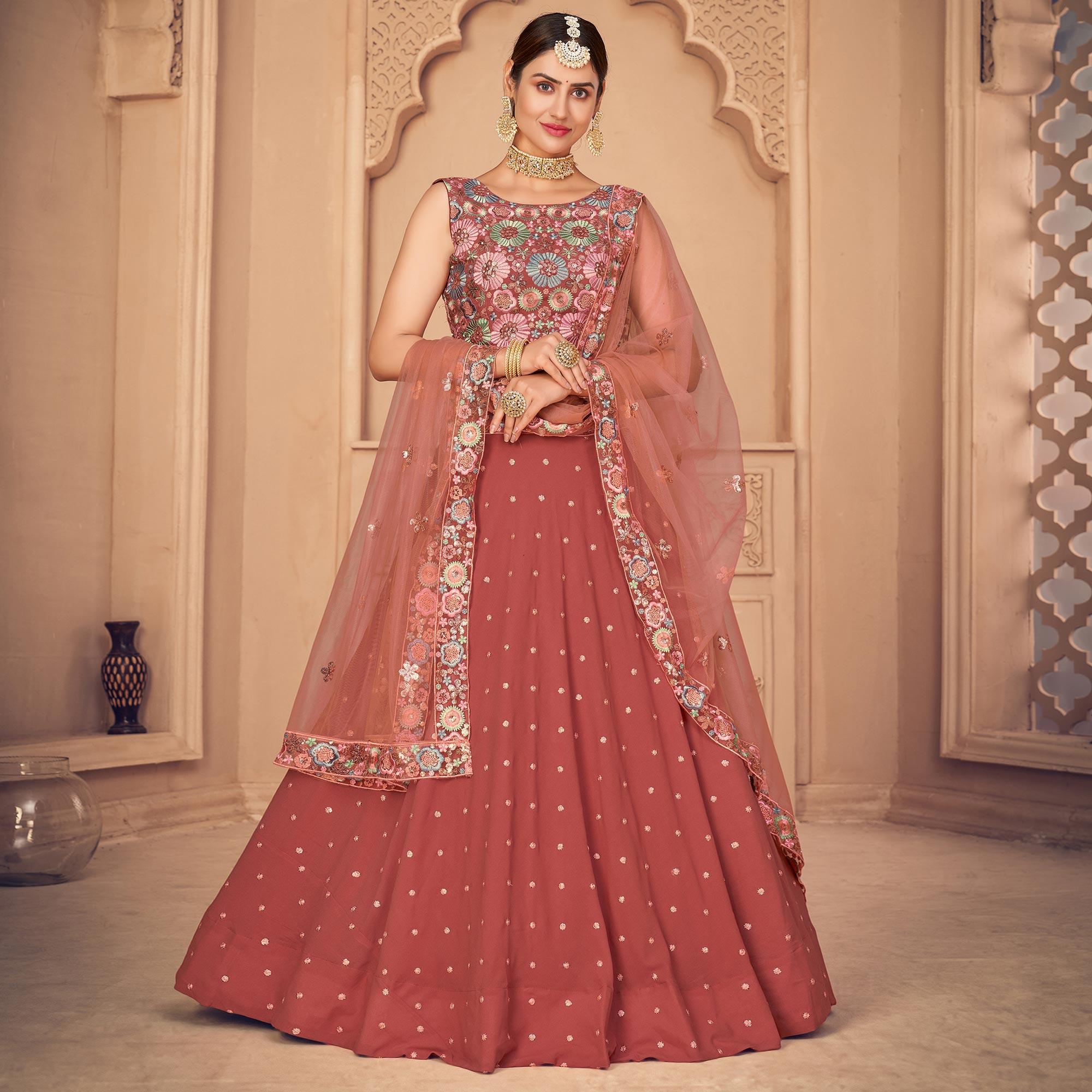 Orange Partywear Thread With Sequence Floral Embroidered Georgette Lehenga Choli - Peachmode