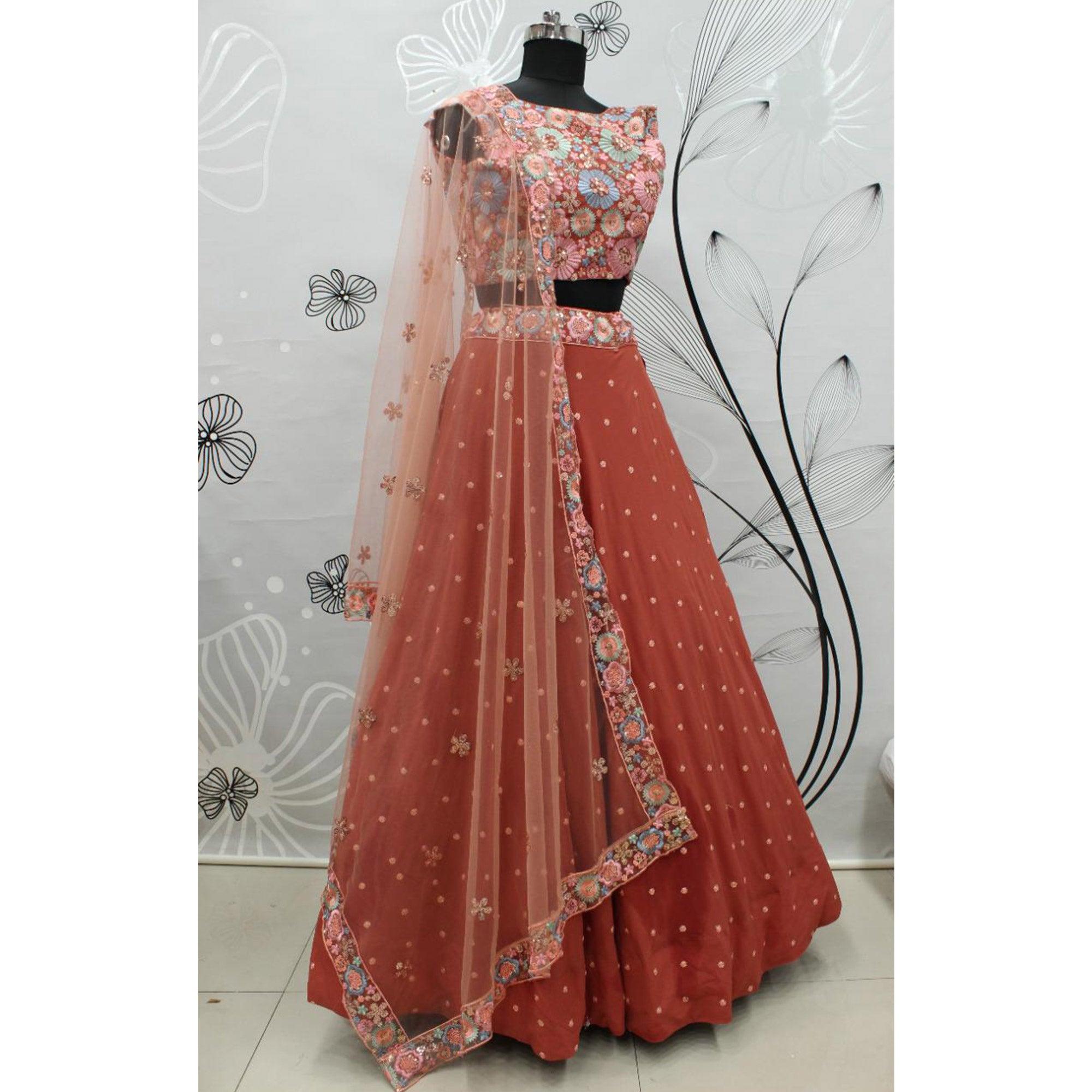 Orange Partywear Thread With Sequence Floral Embroidered Georgette Lehenga Choli - Peachmode