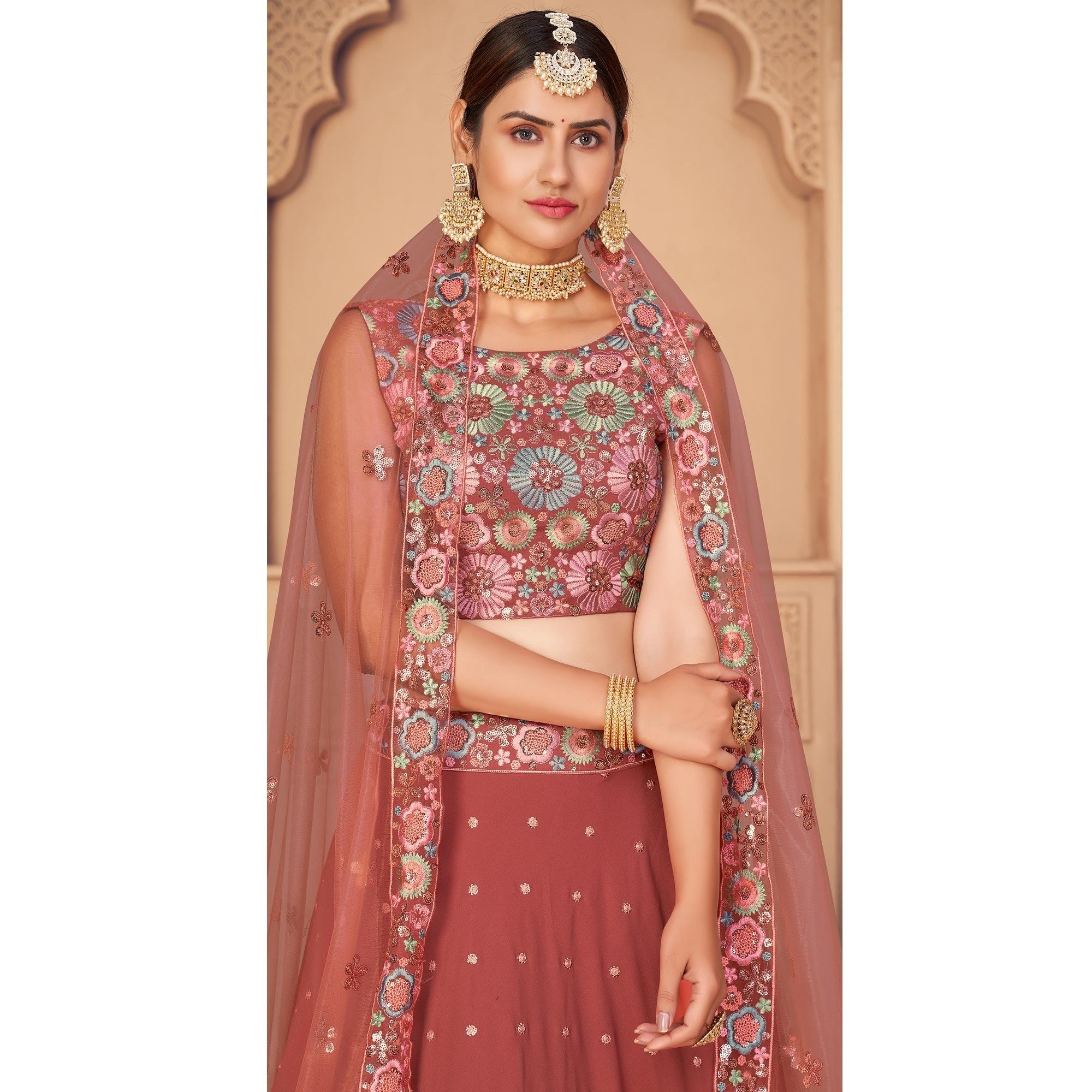 Orange Partywear Thread With Sequence Floral Embroidered Georgette Lehenga Choli - Peachmode
