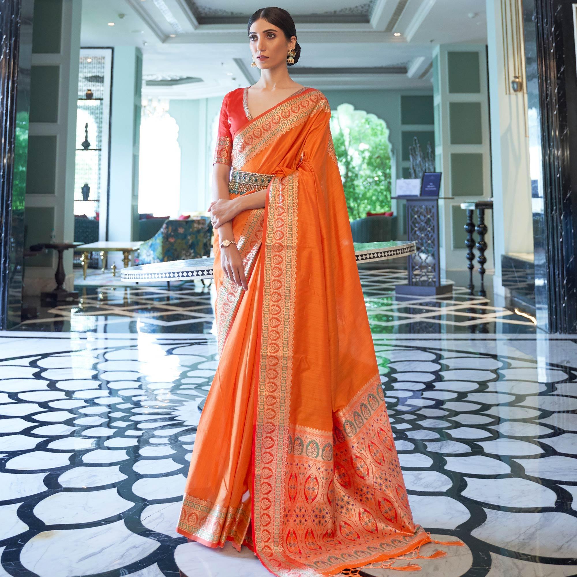 Orange Partywear Woven Gala Silk Saree - Peachmode