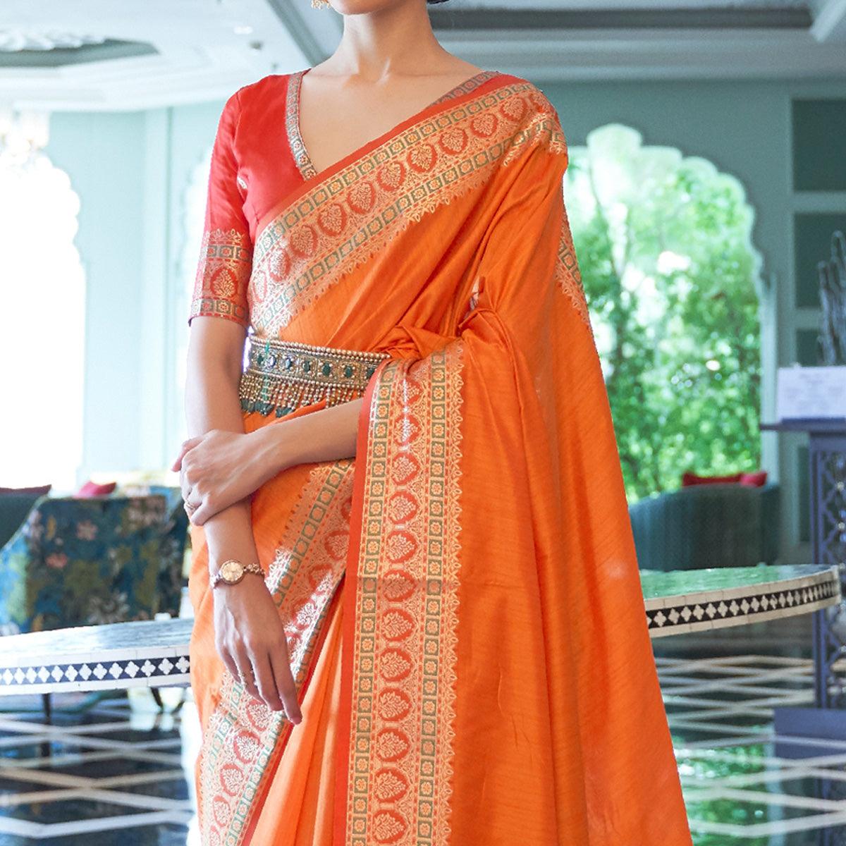 Orange Partywear Woven Gala Silk Saree - Peachmode