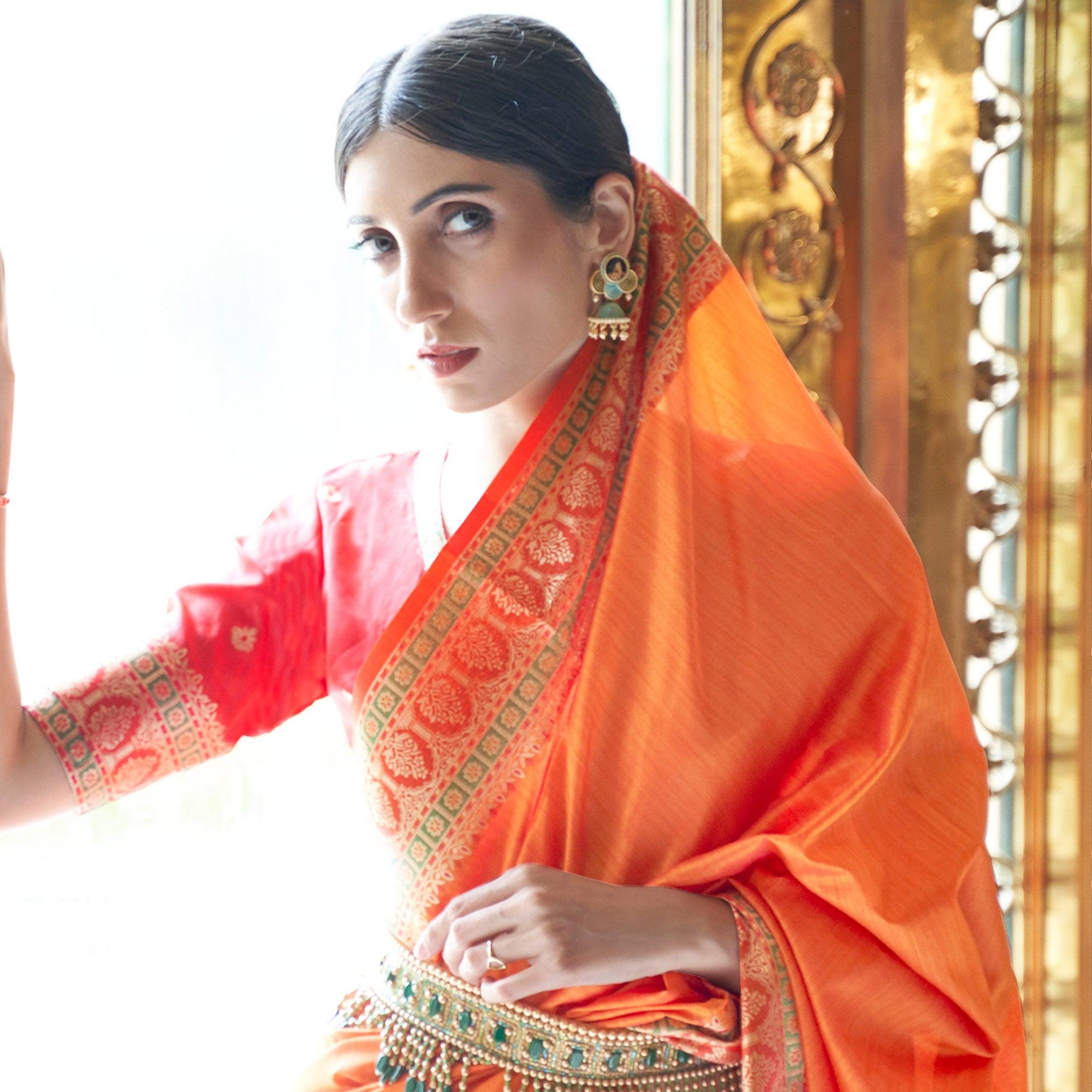 Orange Partywear Woven Gala Silk Saree - Peachmode