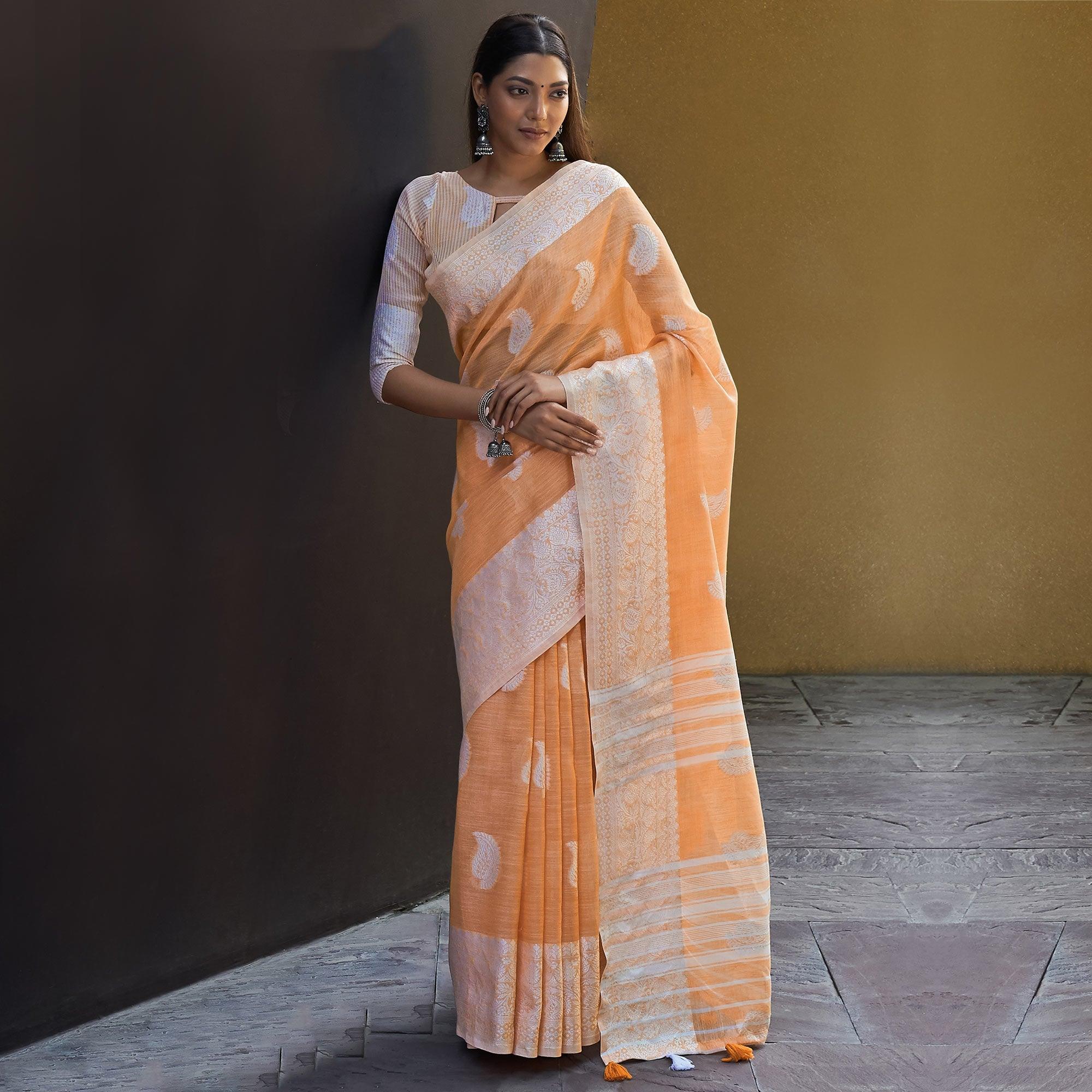 Orange Partywear Woven Linen Saree - Peachmode