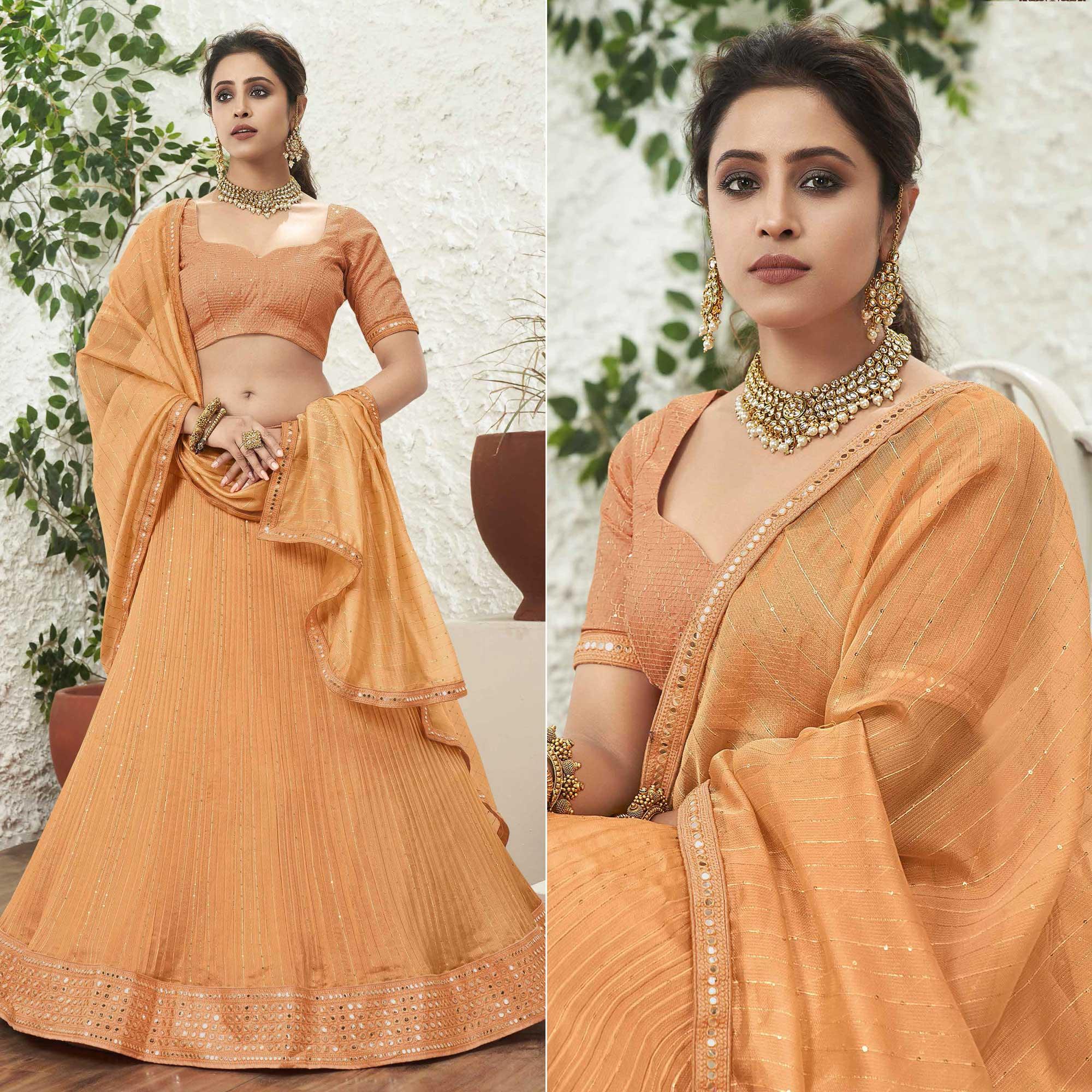 Orange Partywear Zari Sequence Embroidered Organza Lehenga Choli - Peachmode