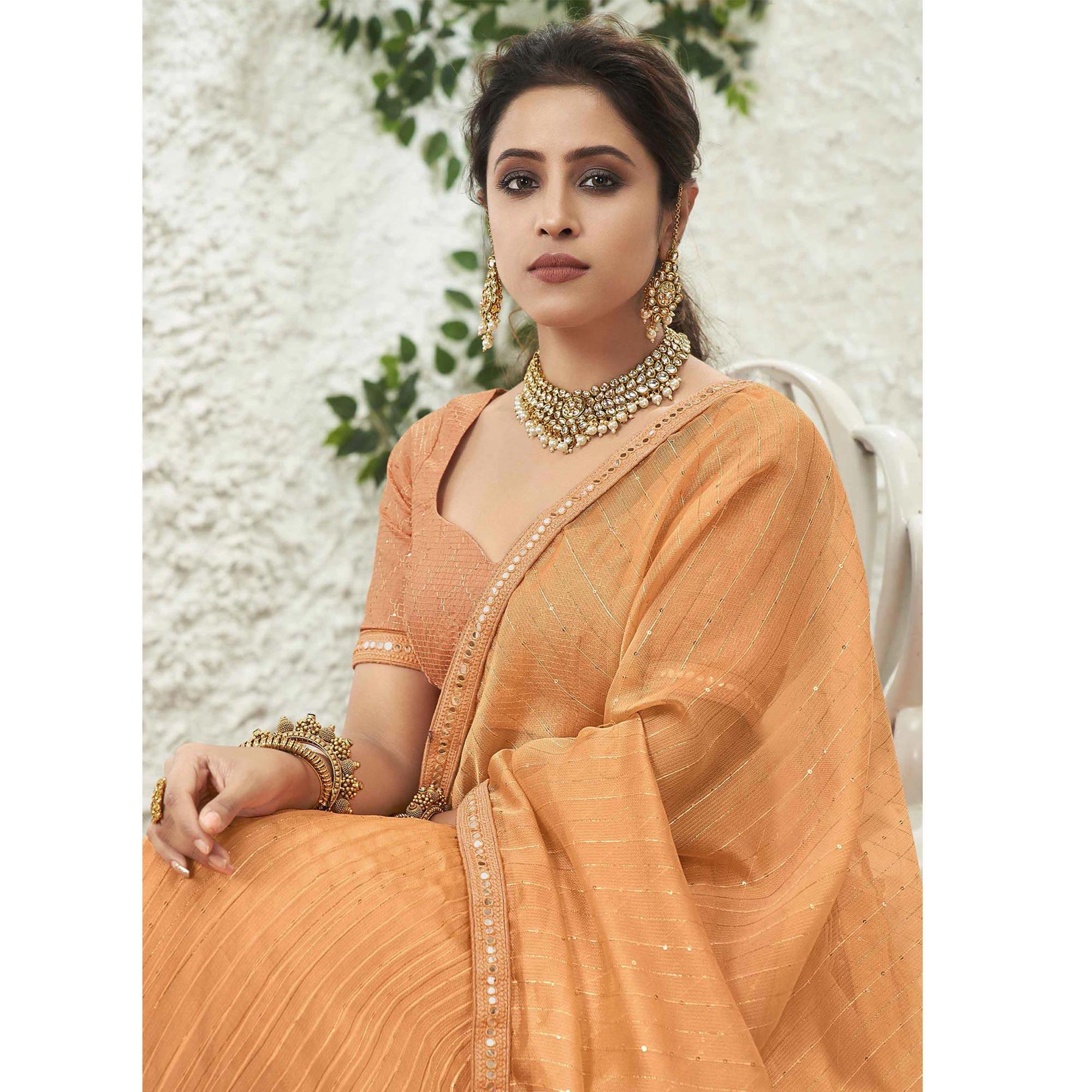 Orange Partywear Zari Sequence Embroidered Organza Lehenga Choli - Peachmode