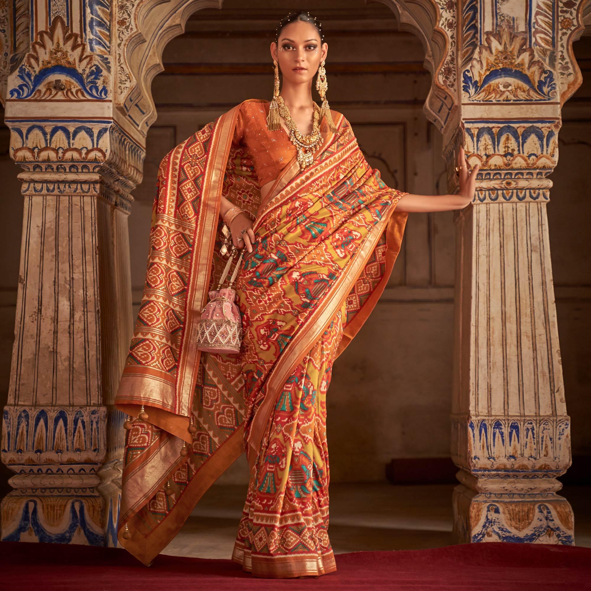 Orange Patola Printed Art Silk Saree - Peachmode