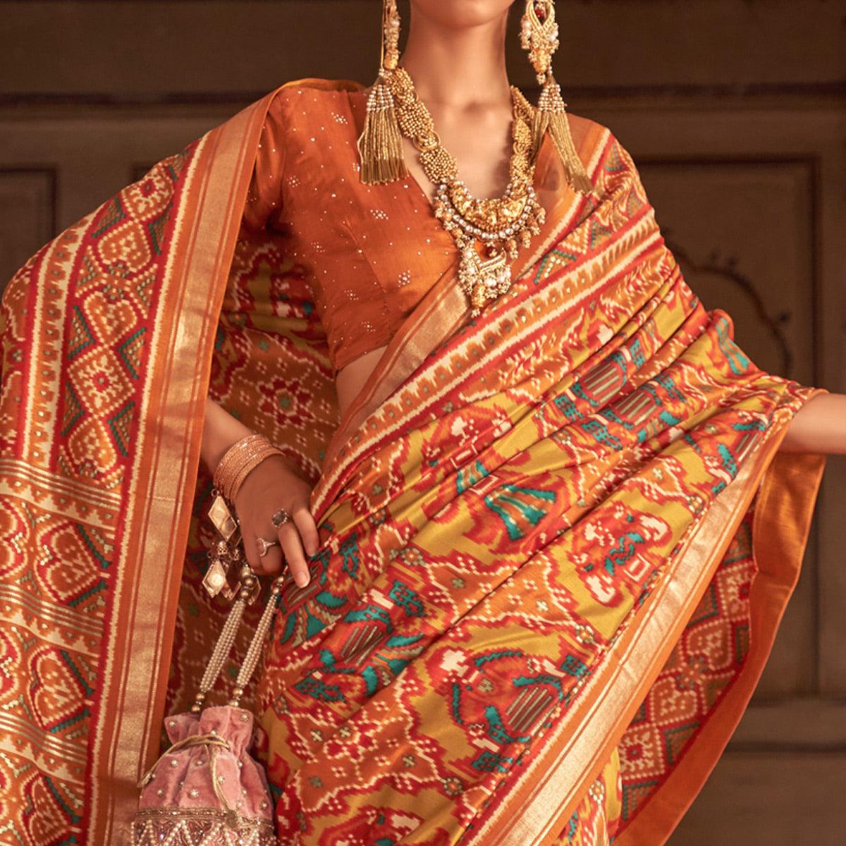 Orange Patola Printed Art Silk Saree - Peachmode