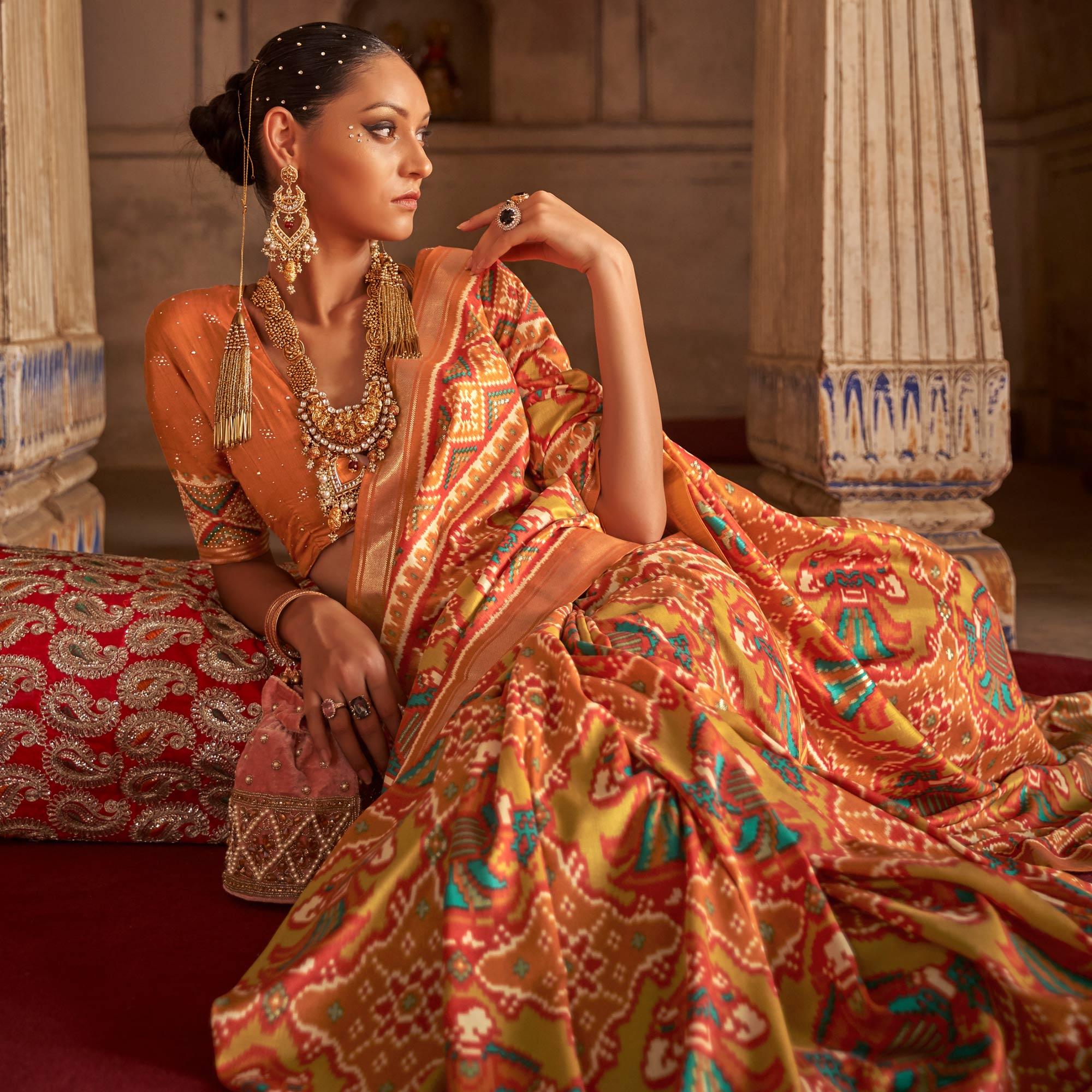 Orange Patola Printed Art Silk Saree - Peachmode