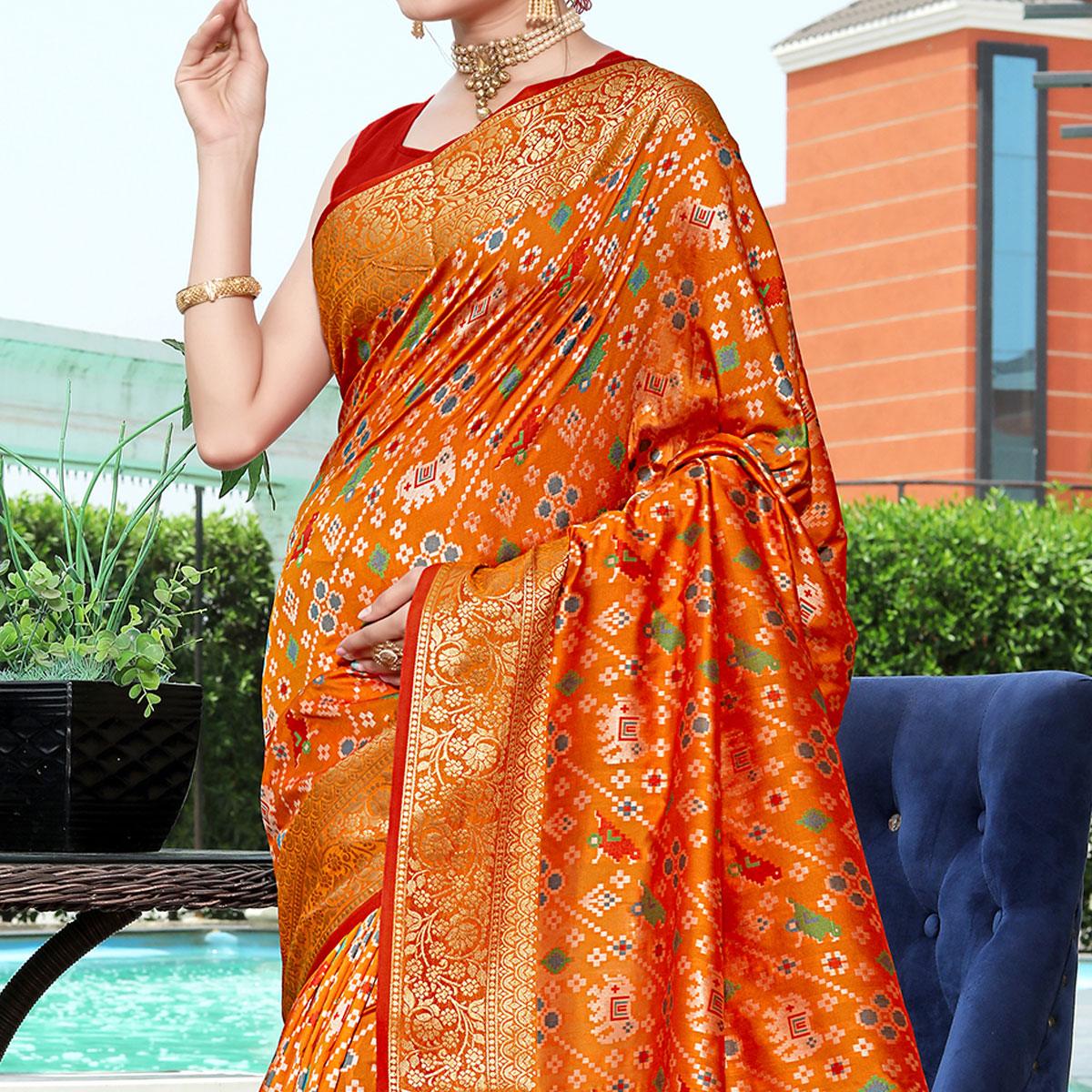 Orange Patola Printed With Woven Border Banarasi Silk Saree - Peachmode