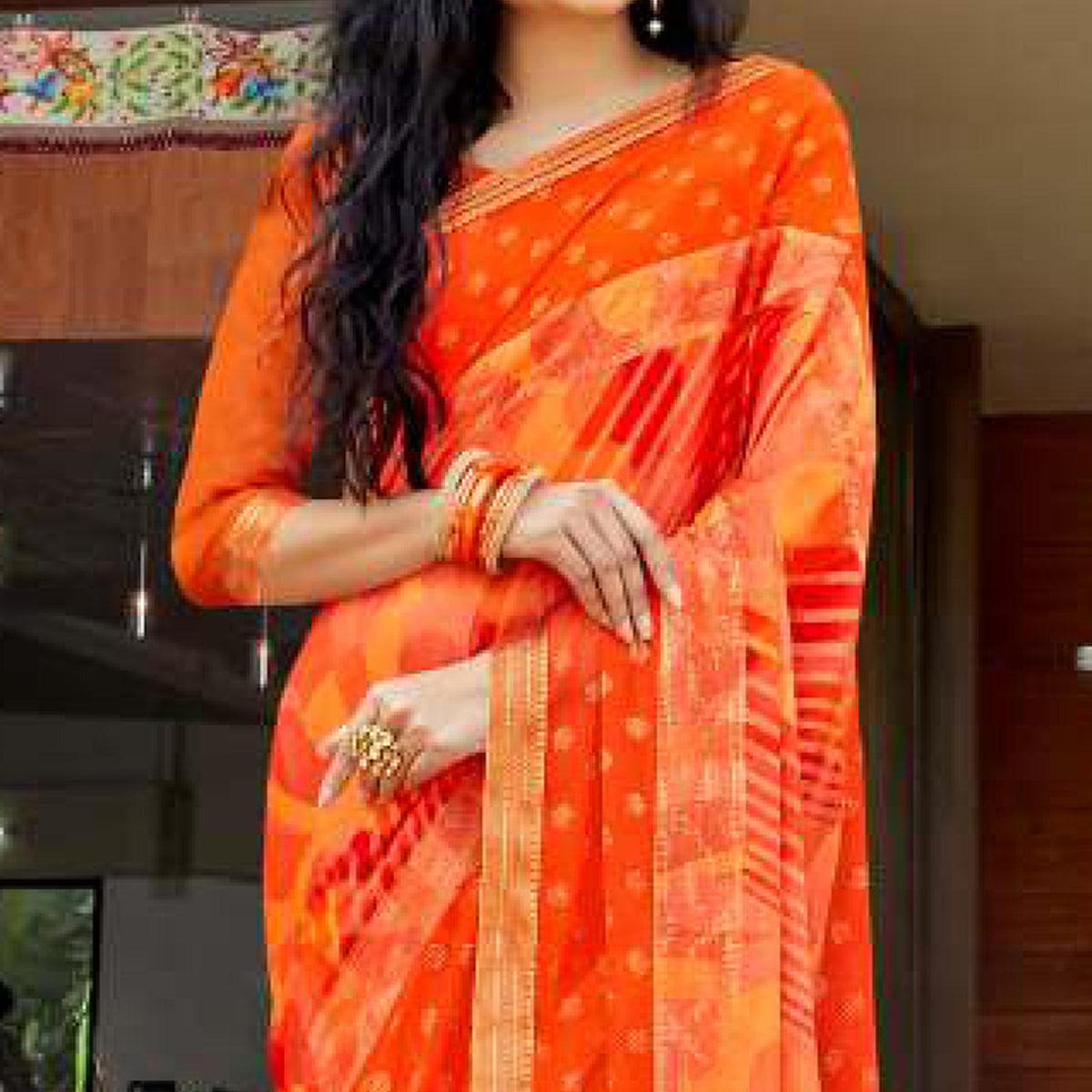 Orange - Peach Casual Wear Printed Brasso Saree - Peachmode