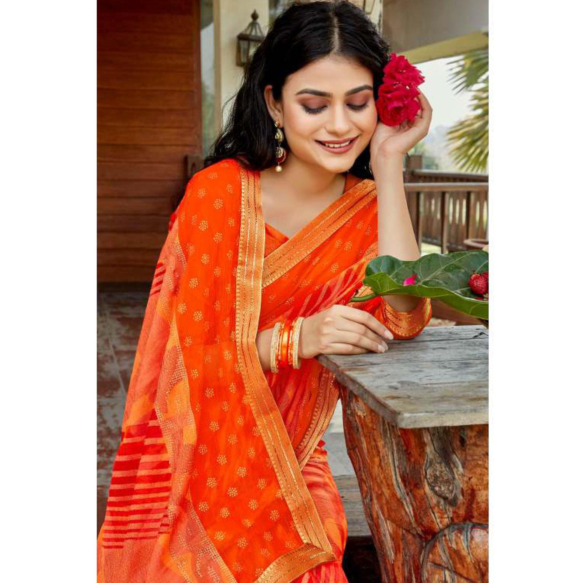 Orange - Peach Casual Wear Printed Brasso Saree - Peachmode