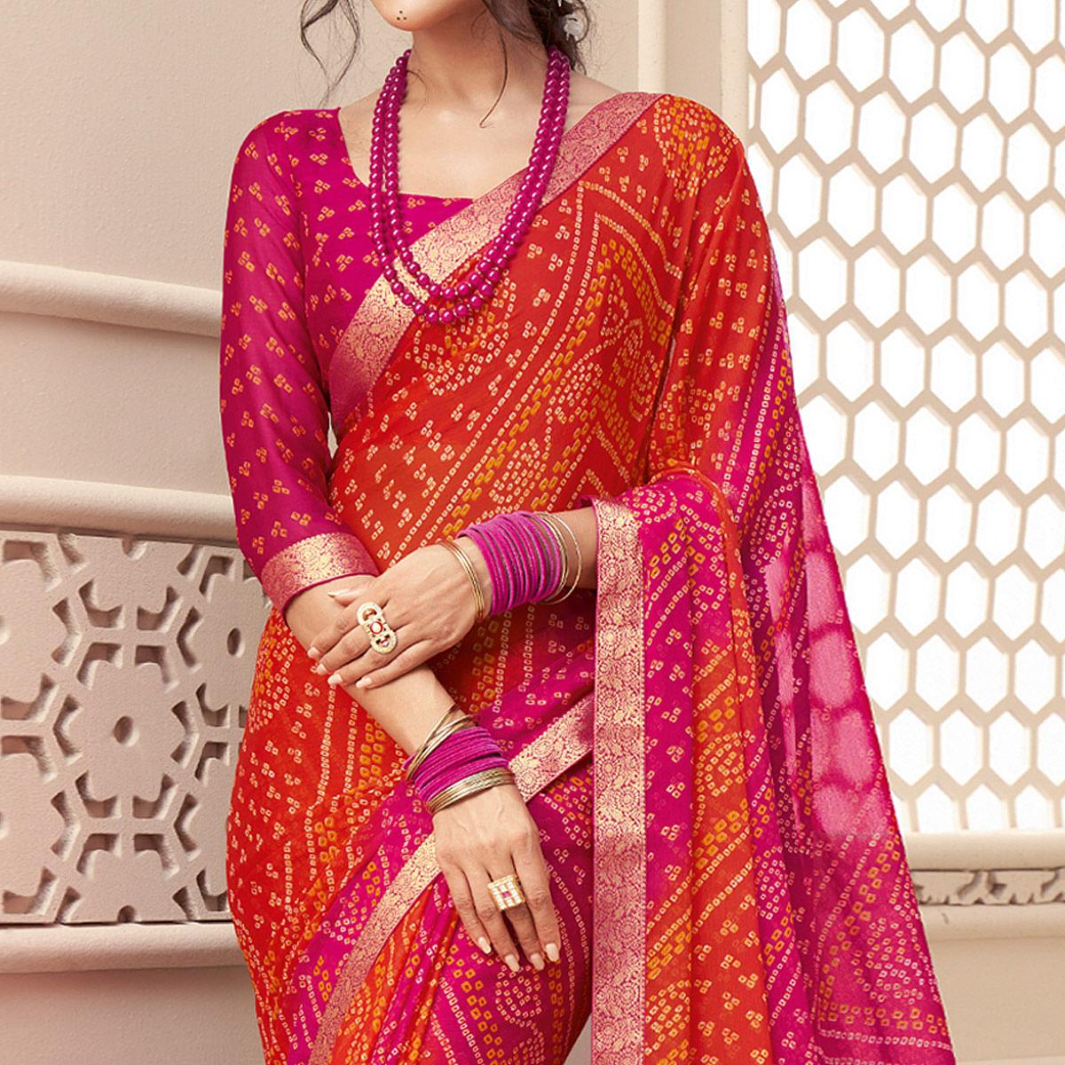 Orange-Pink Bandhani Printed Chiffon Saree With Tassels - Peachmode