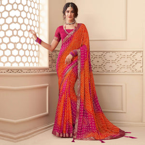 Orange-Pink Casual Wear Bandhani Printed Chiffon Saree With Tassels - Peachmode
