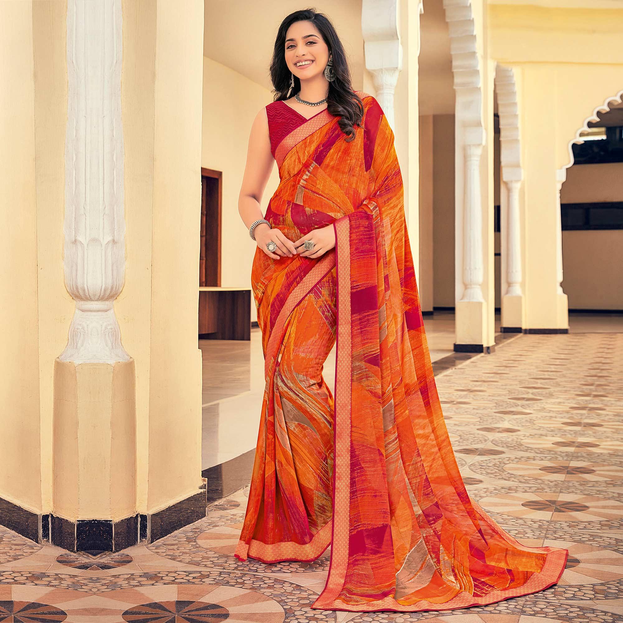 Orange - Pink Casual Wear Printed Georgette Saree With Border - Peachmode