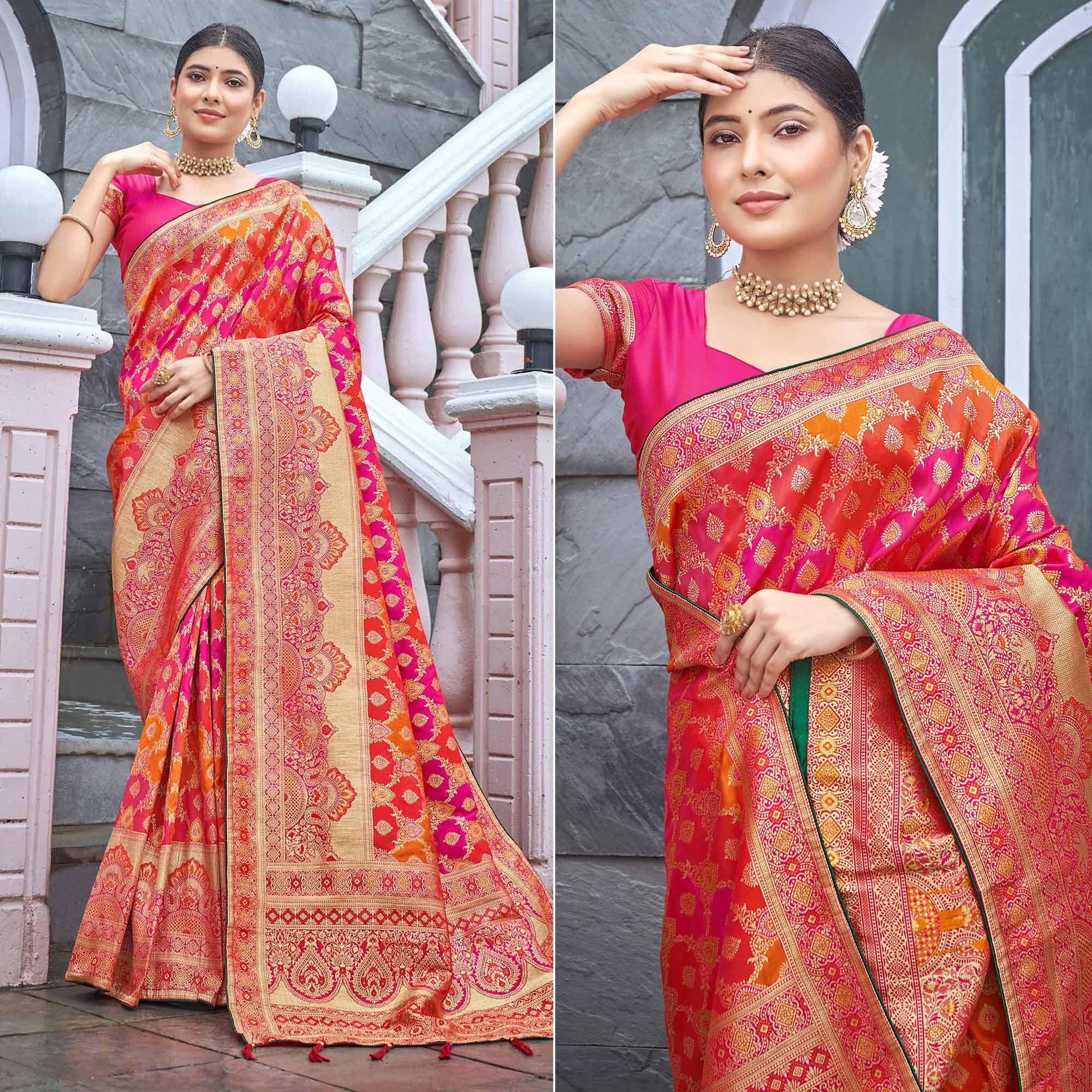 Orange-Pink Woven Banarasi Silk Saree - Peachmode