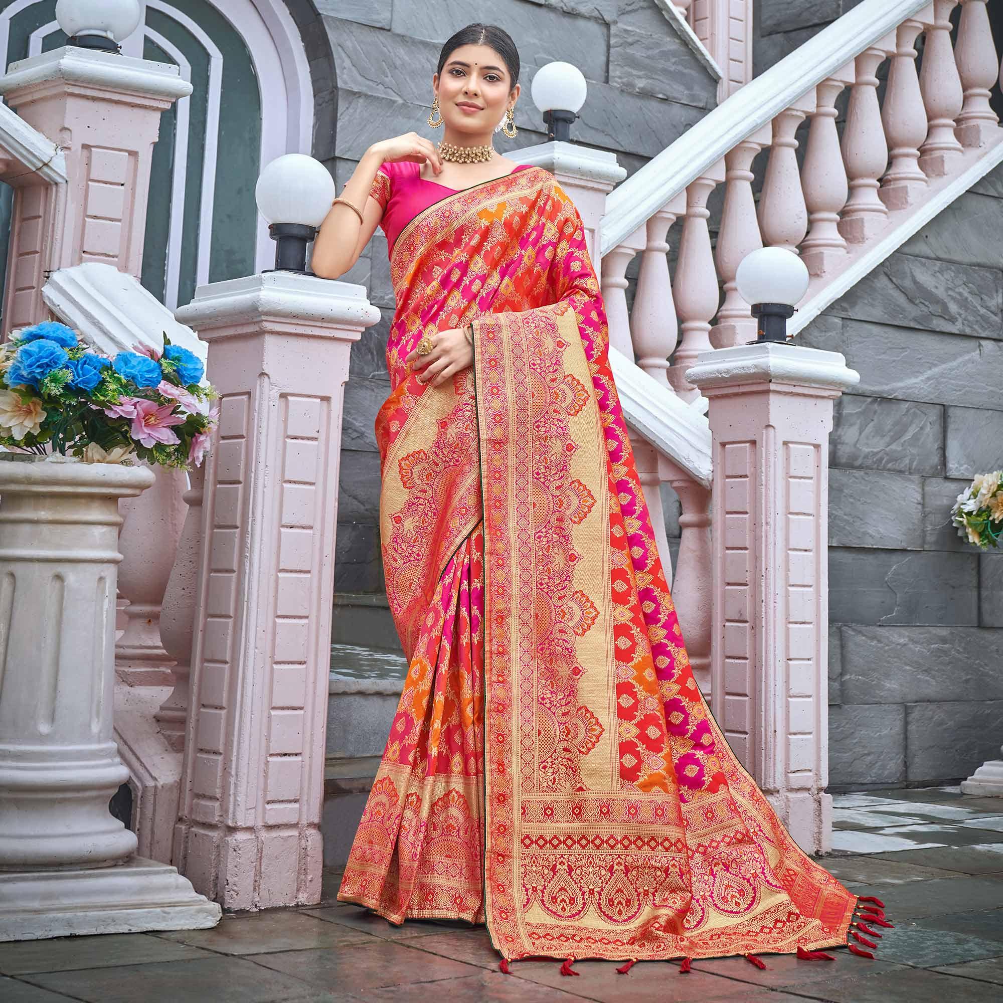 Orange-Pink Woven Banarasi Silk Saree - Peachmode
