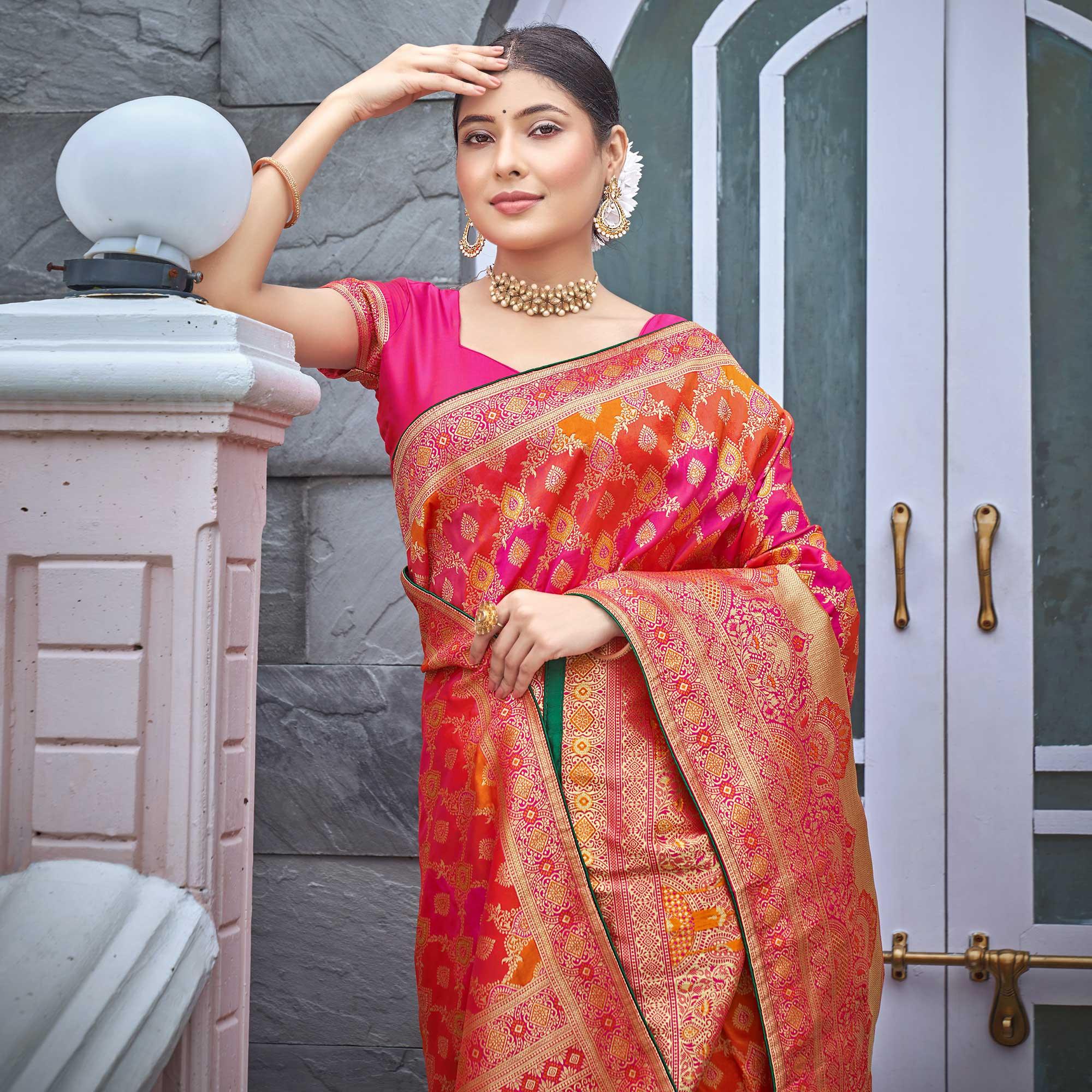 Orange-Pink Woven Banarasi Silk Saree - Peachmode