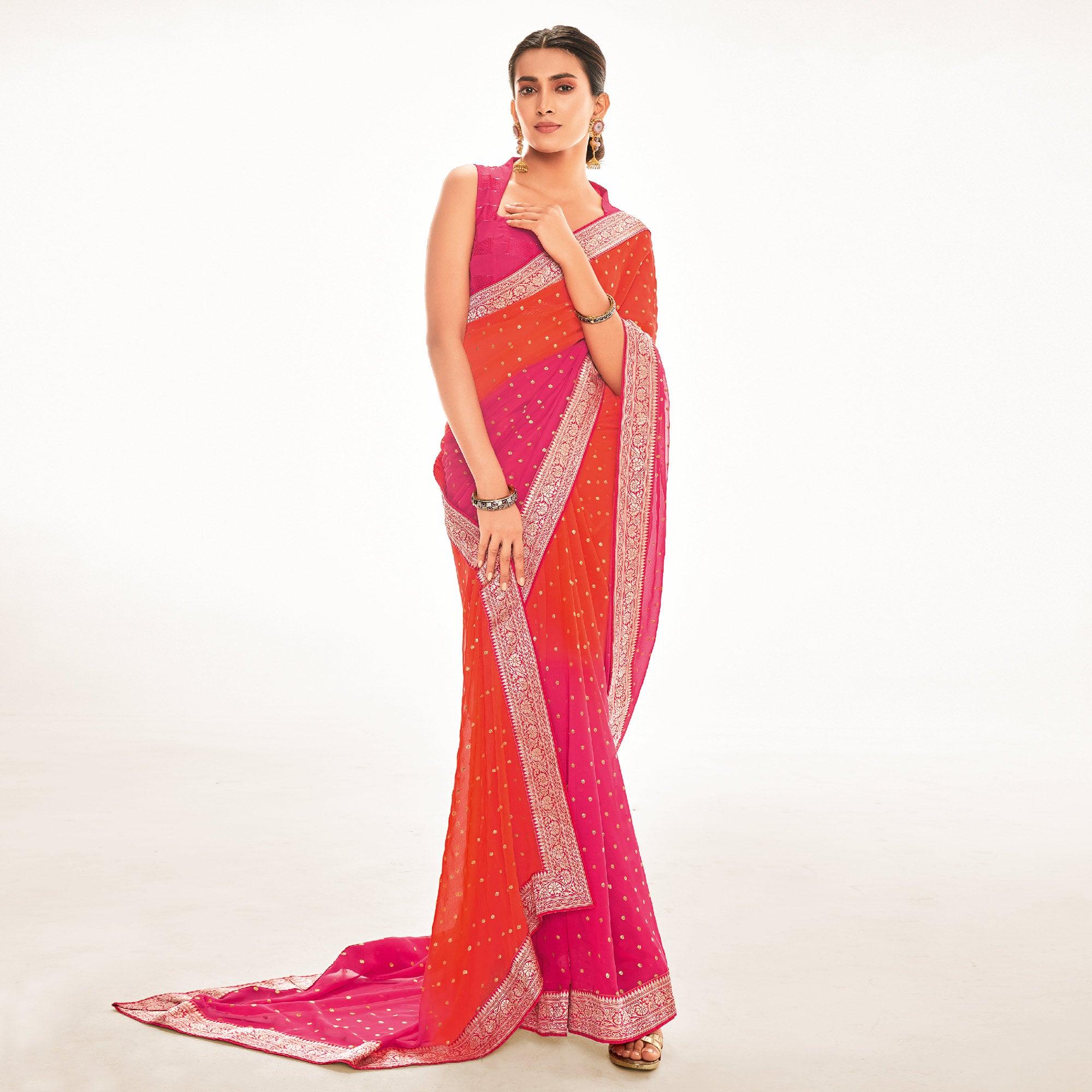 Orange-Pink Woven Georgette Saree - Peachmode
