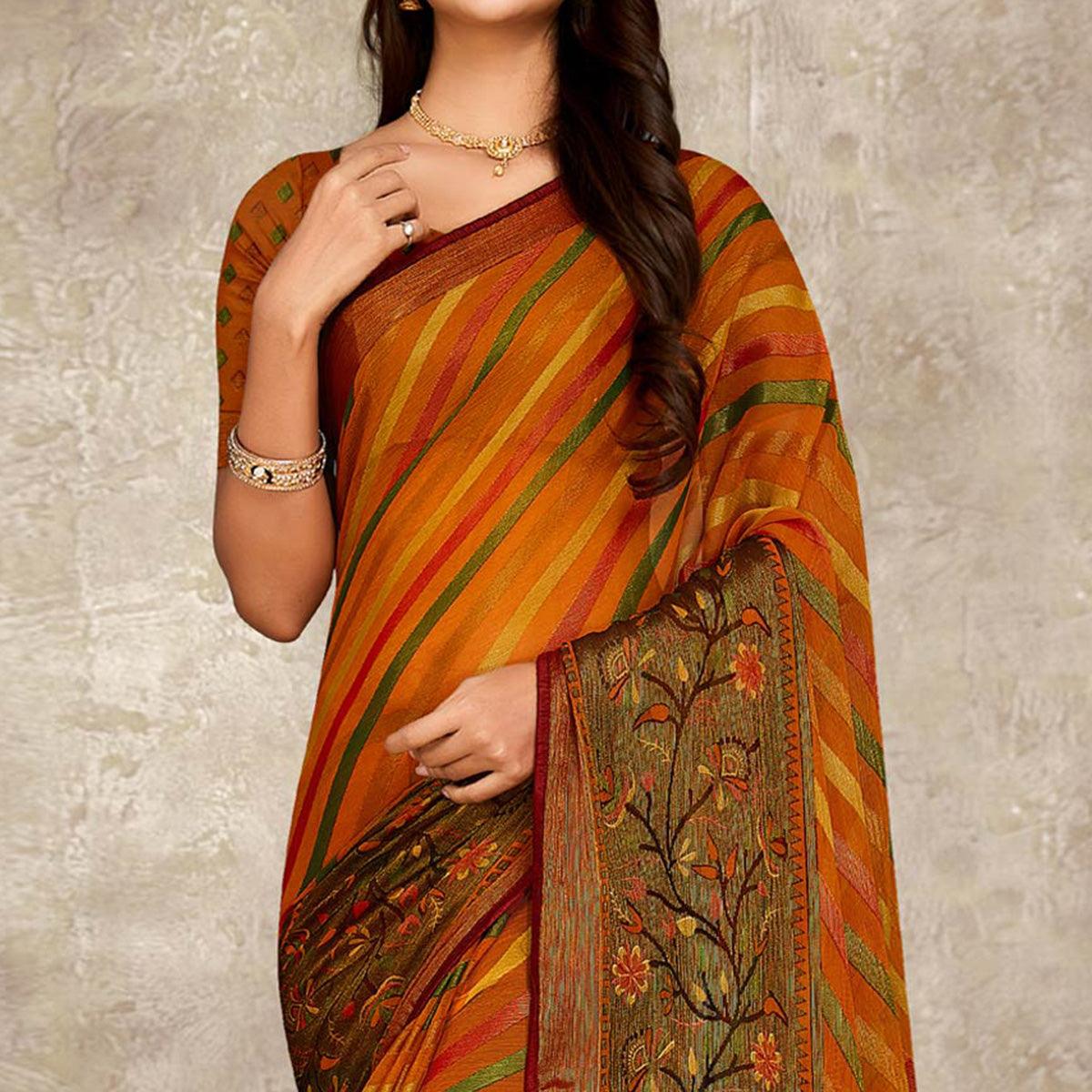 Orange Printed Brasso Saree With Tassels - Peachmode