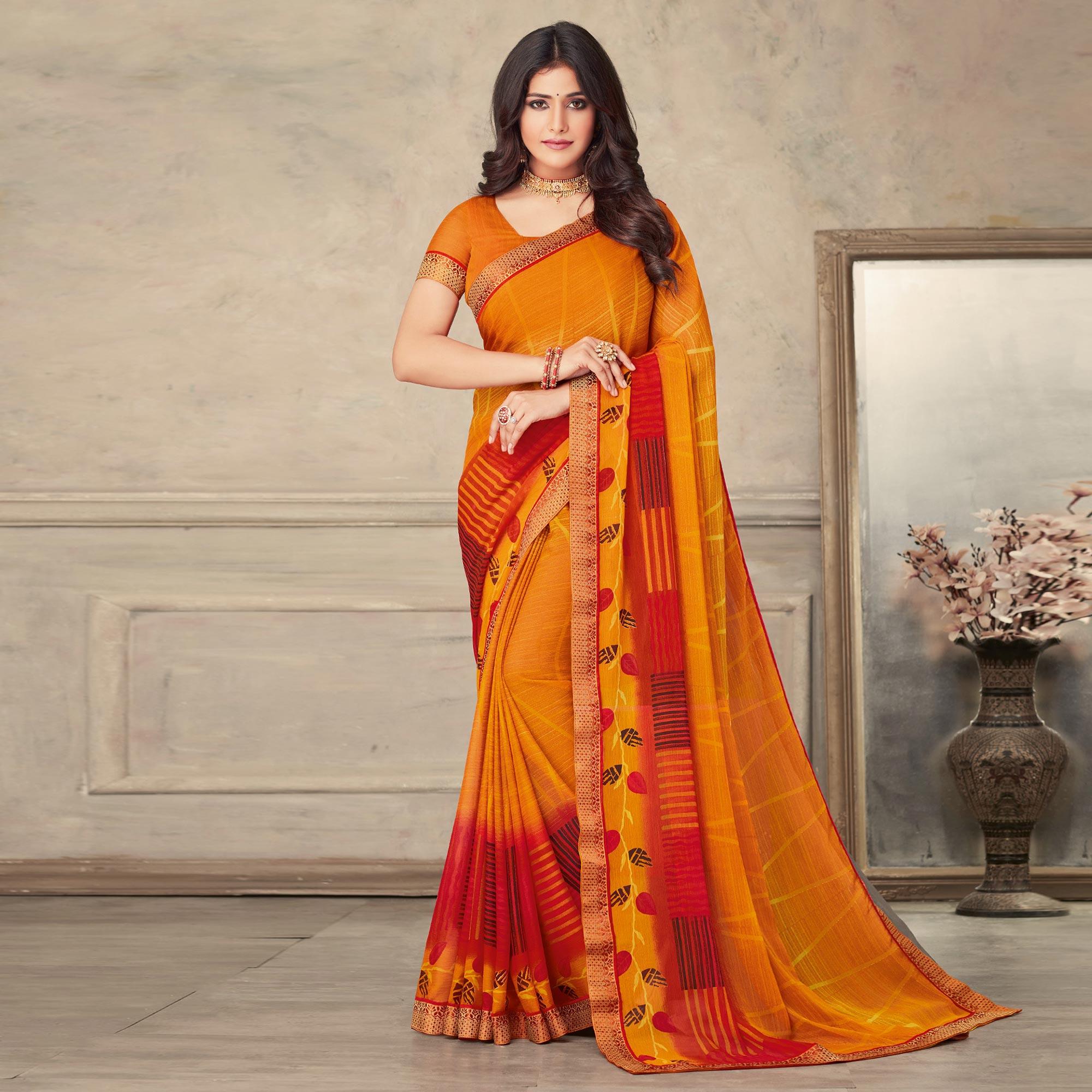 Orange Printed Chiffon Saree - Peachmode