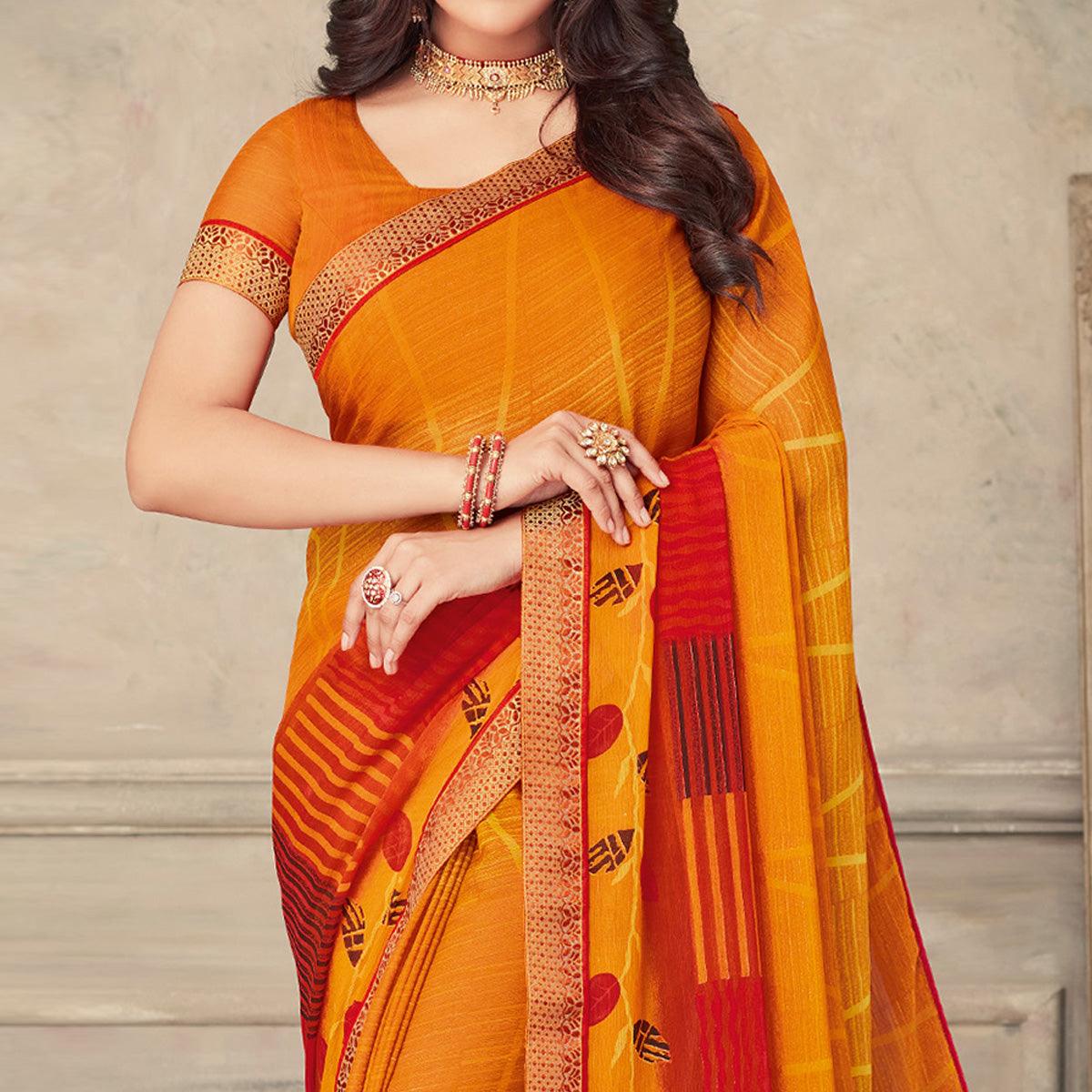 Orange Printed Chiffon Saree - Peachmode