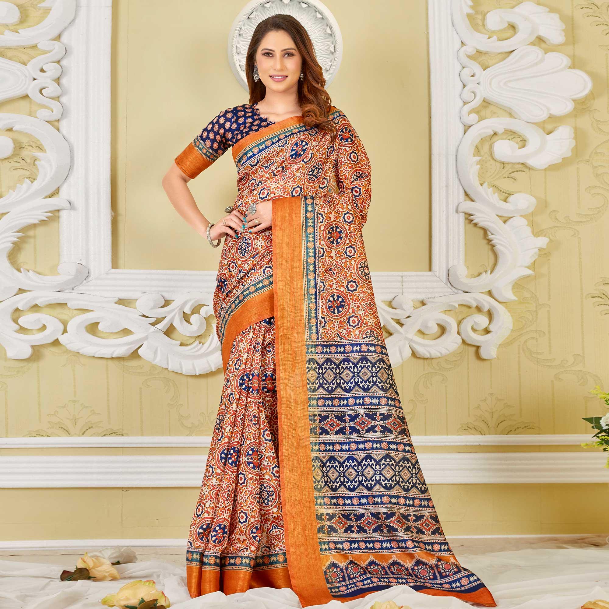 Orange Printed Cotton Saree - Peachmode