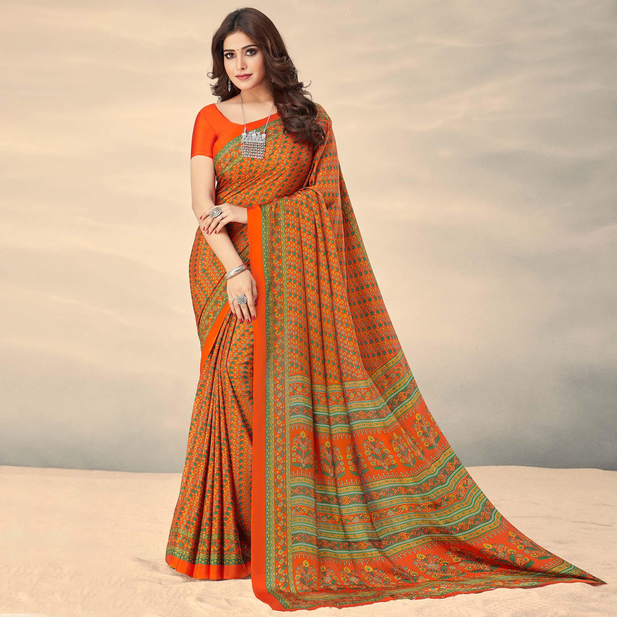Orange Printed Crepe Saree - Peachmode