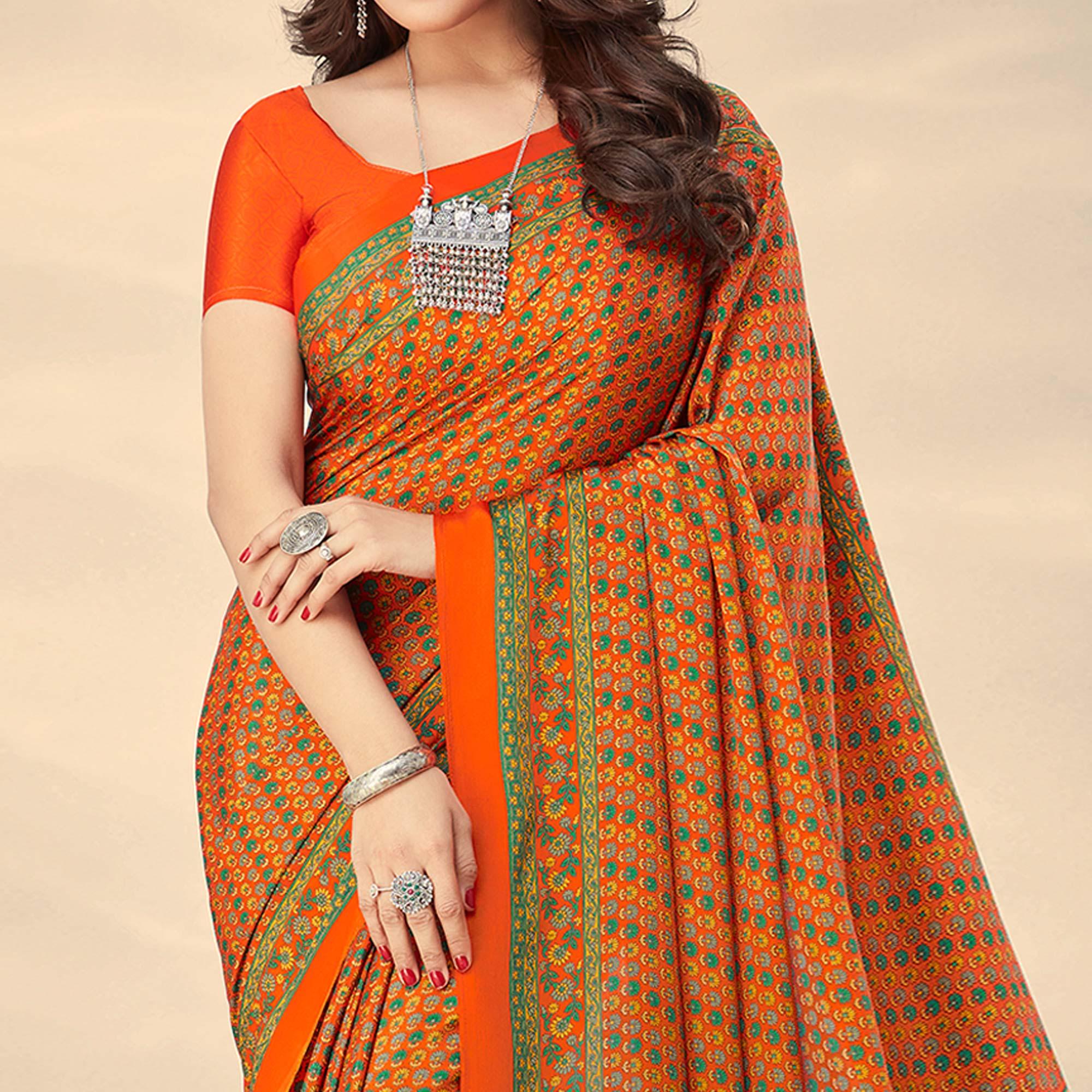 Orange Printed Crepe Saree - Peachmode