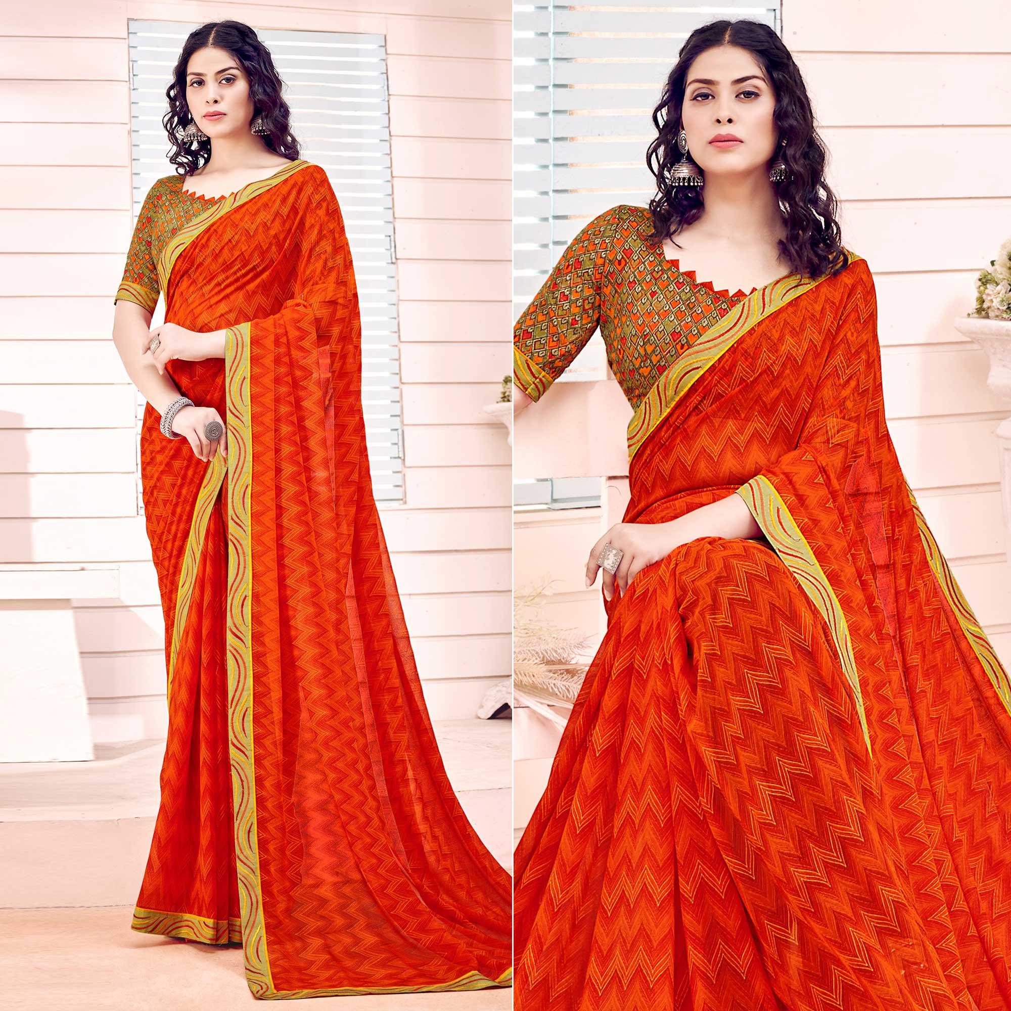Orange Printed Georgette Saree - Peachmode