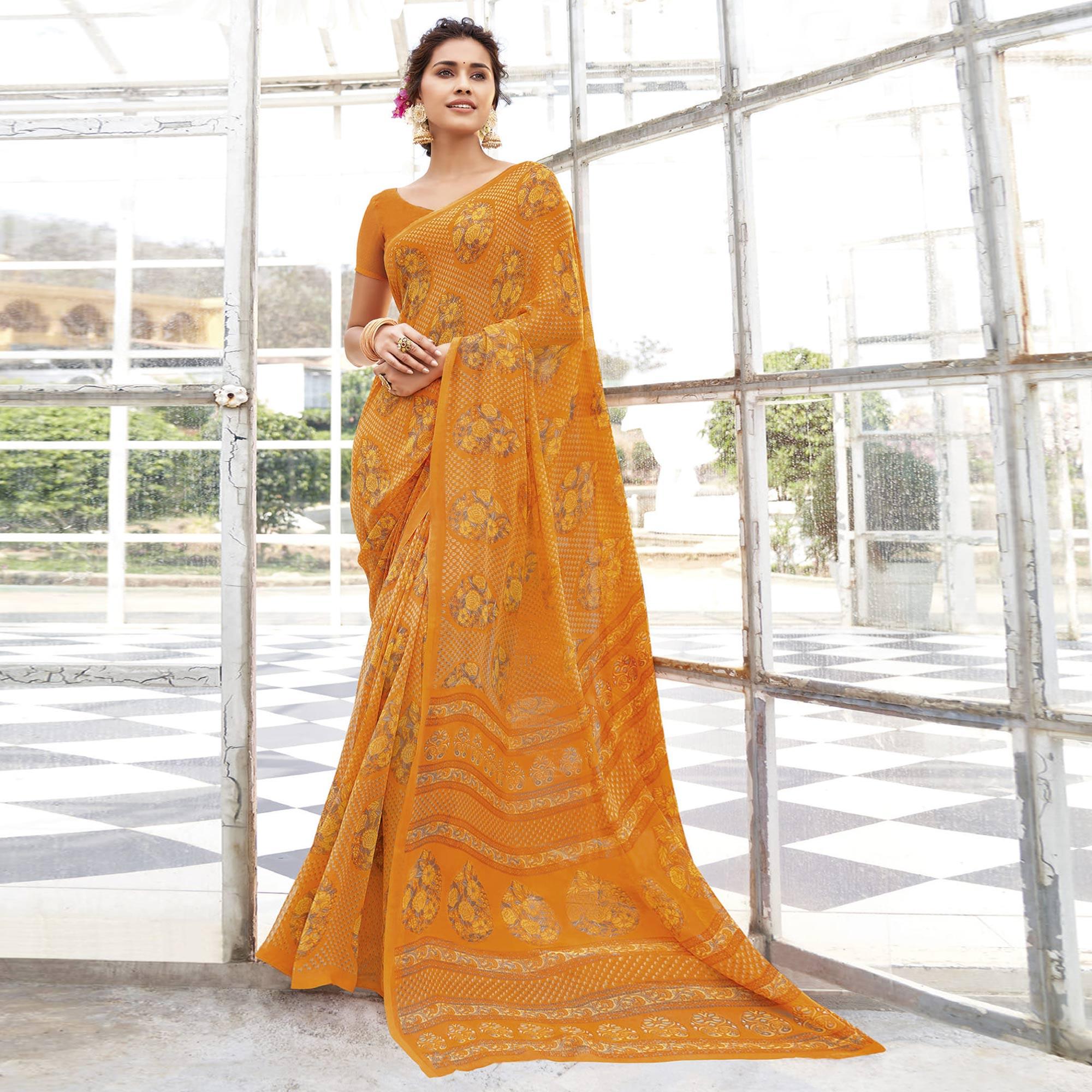 Orange Printed Georgette Saree - Peachmode