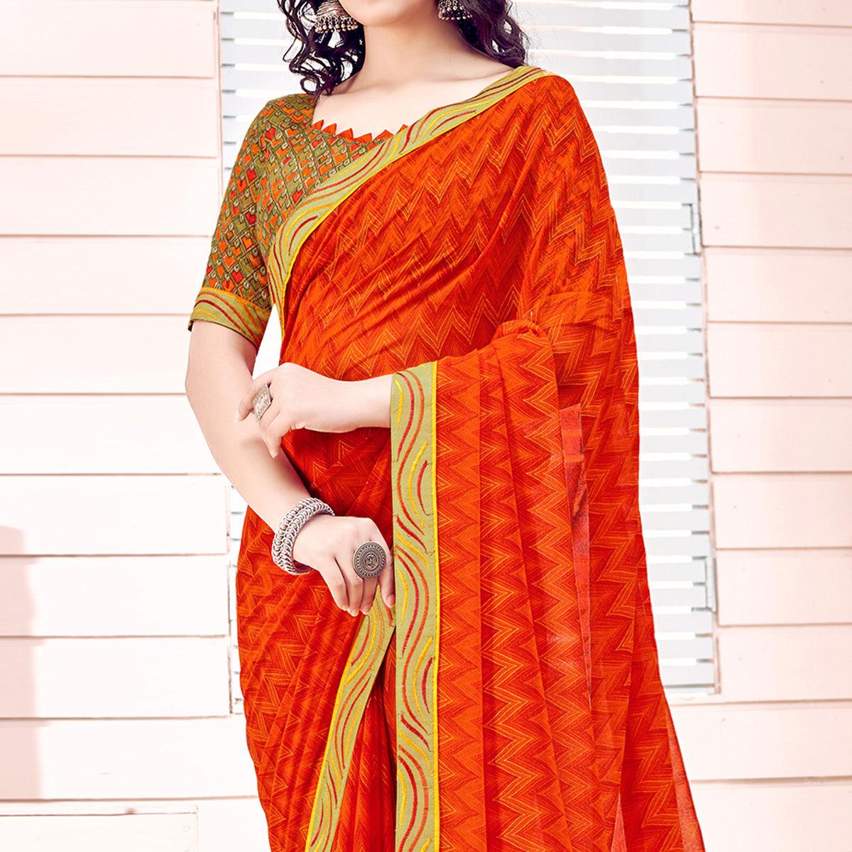 Orange Printed Georgette Saree - Peachmode