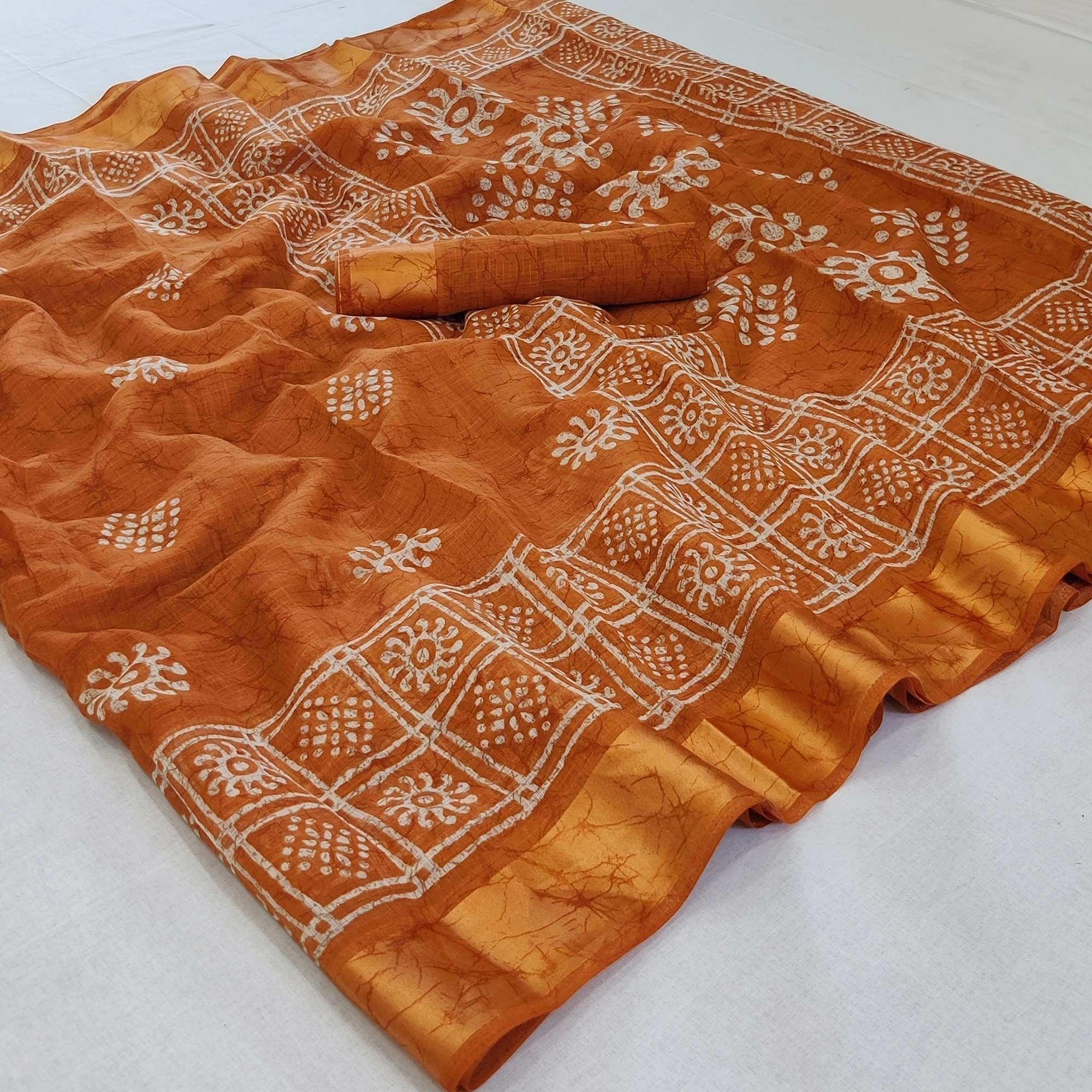 Orange Printed Linen Saree - Peachmode