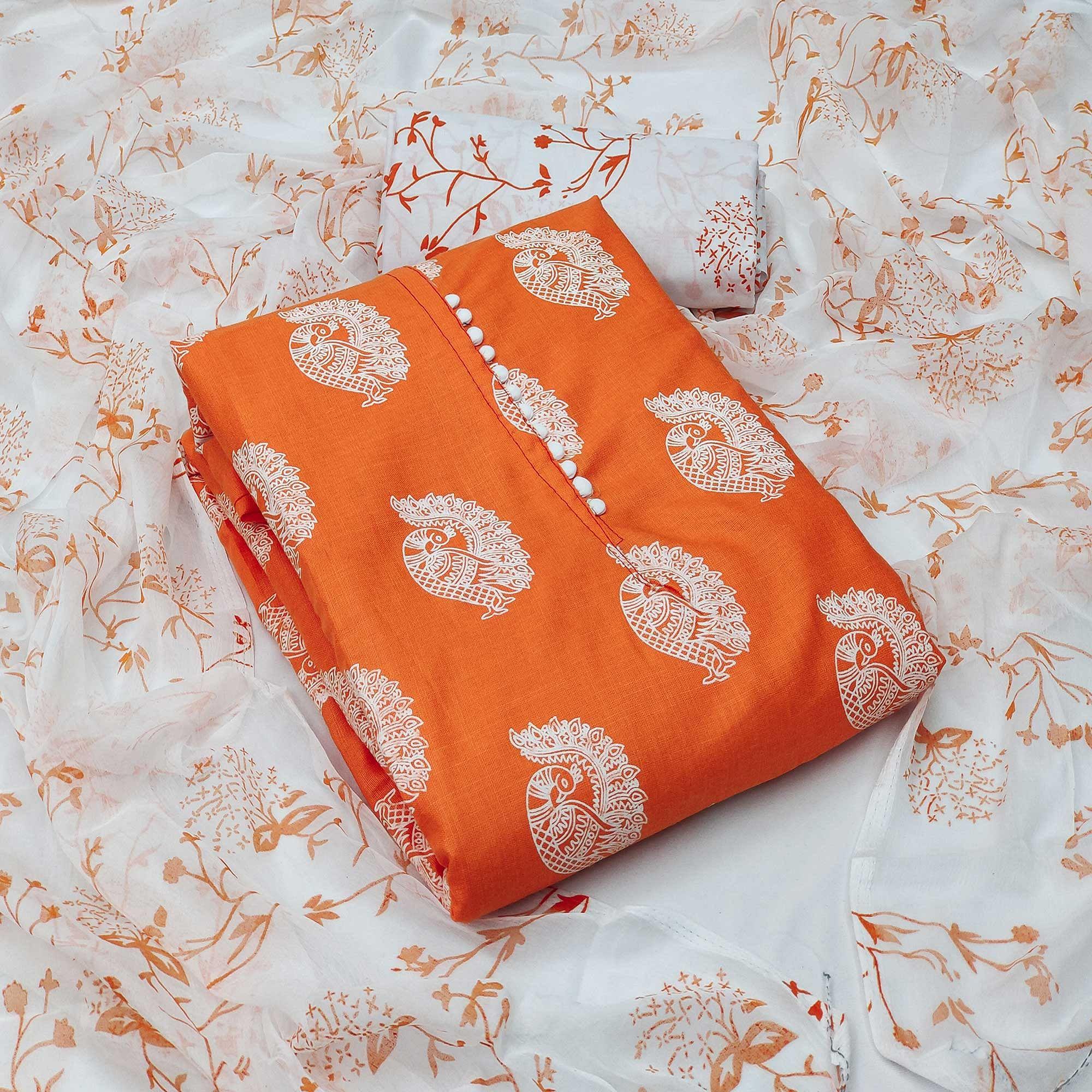 Orange Printed Poly Cotton Dress Material - Peachmode