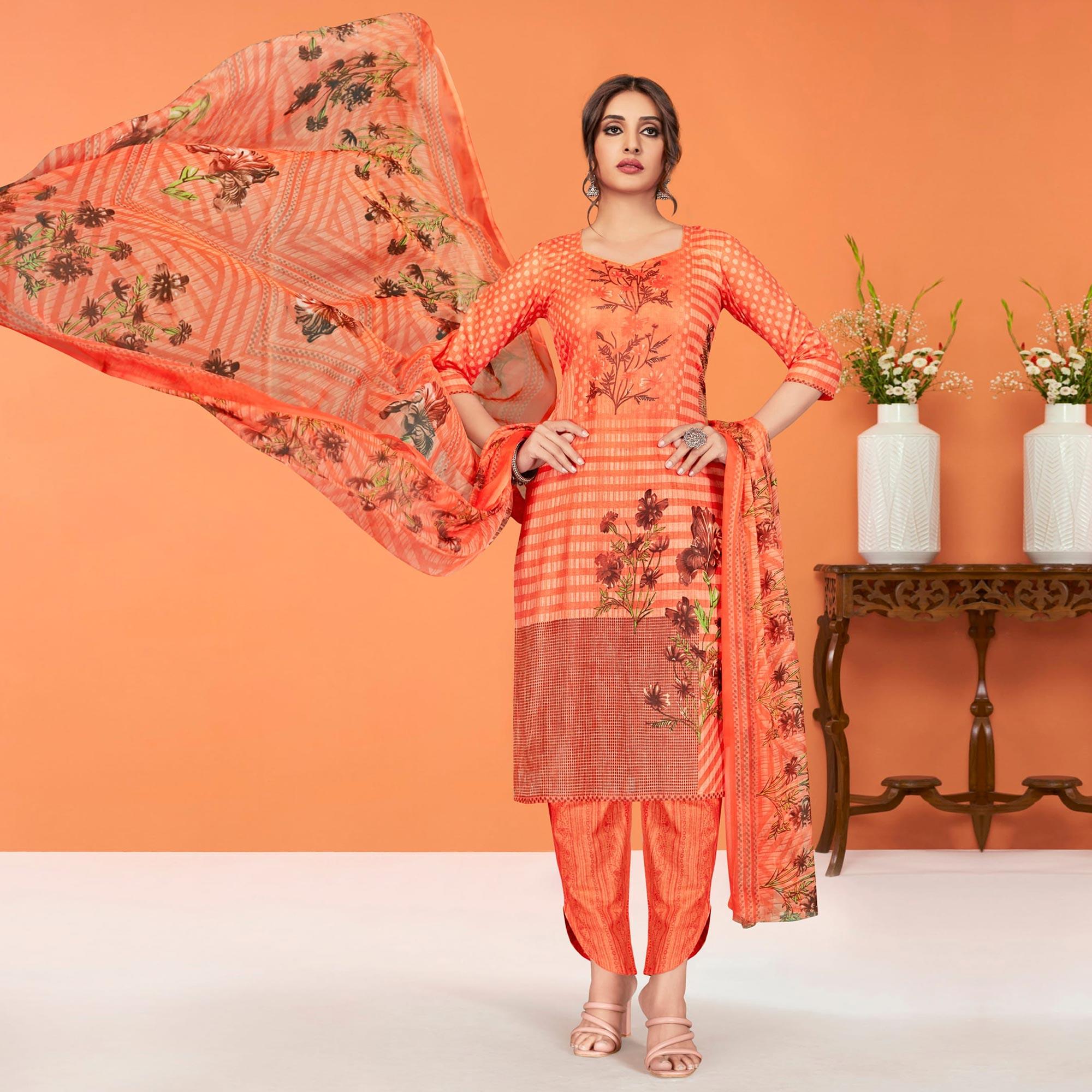 Orange Printed Poly Cotton Dress Material - Peachmode