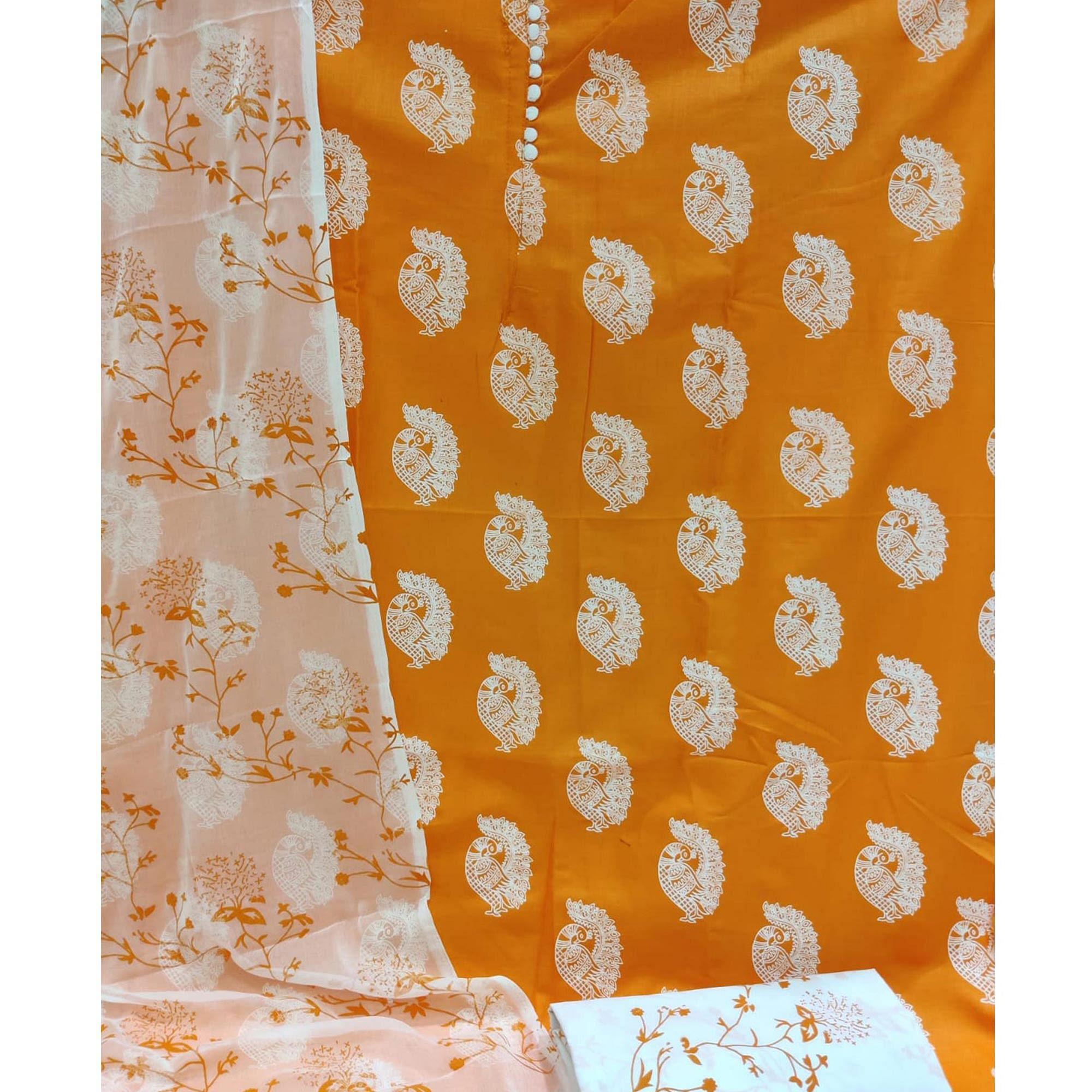 Orange Printed Poly Cotton Dress Material - Peachmode