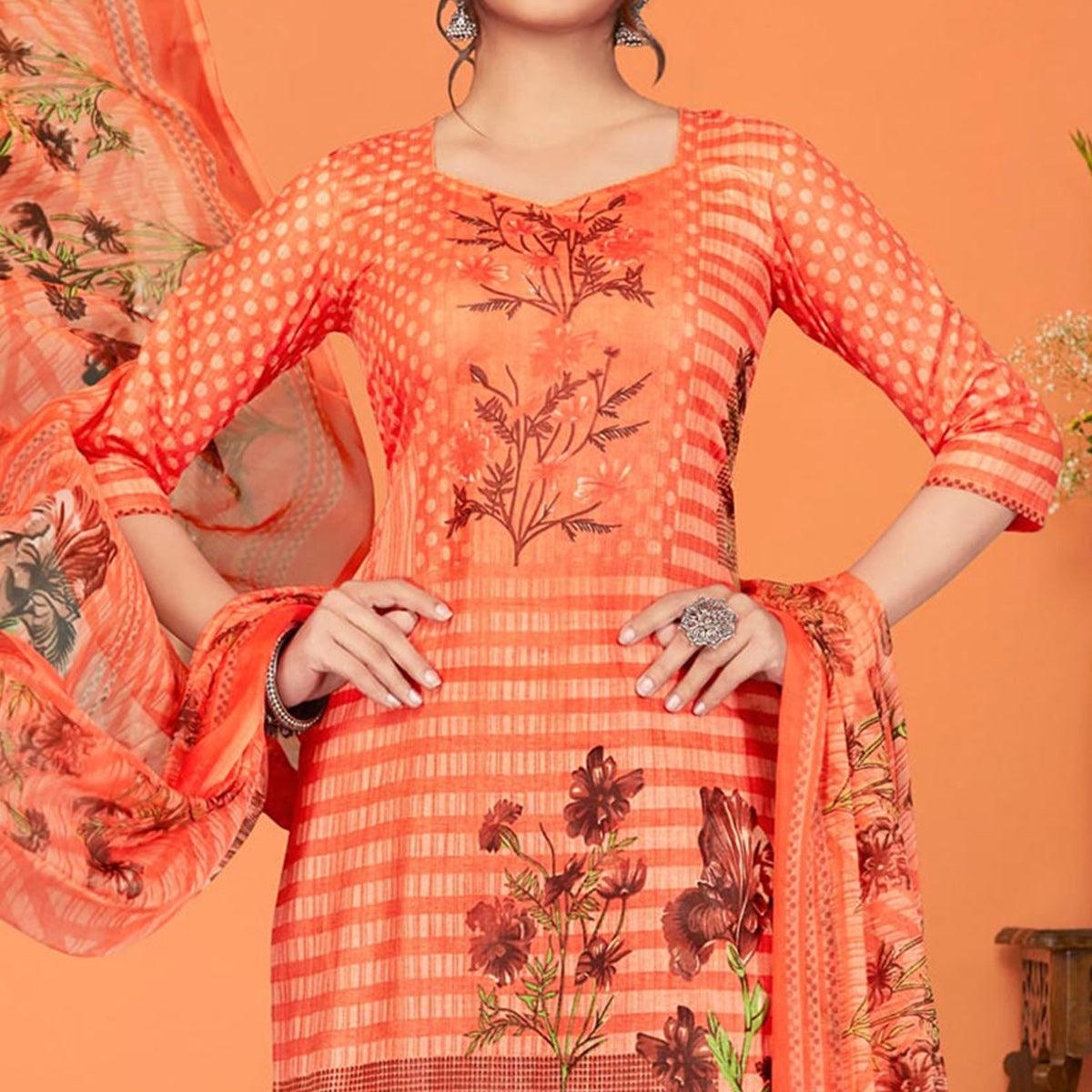 Orange Printed Poly Cotton Dress Material - Peachmode