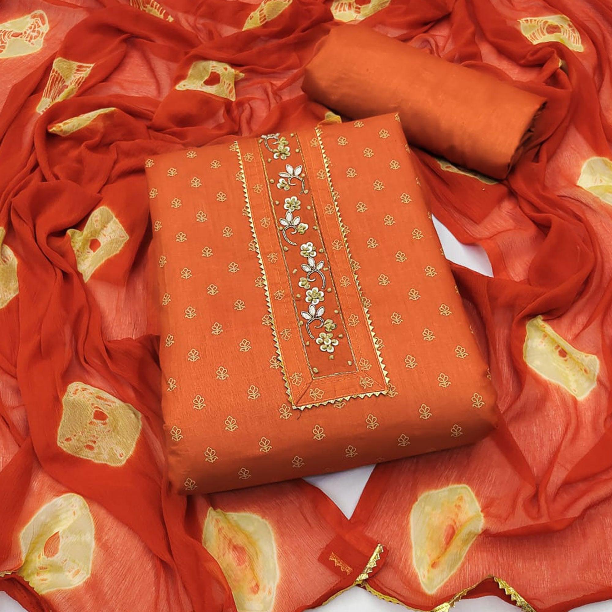 Orange Printed Pure Cotton Dress Material - Peachmode
