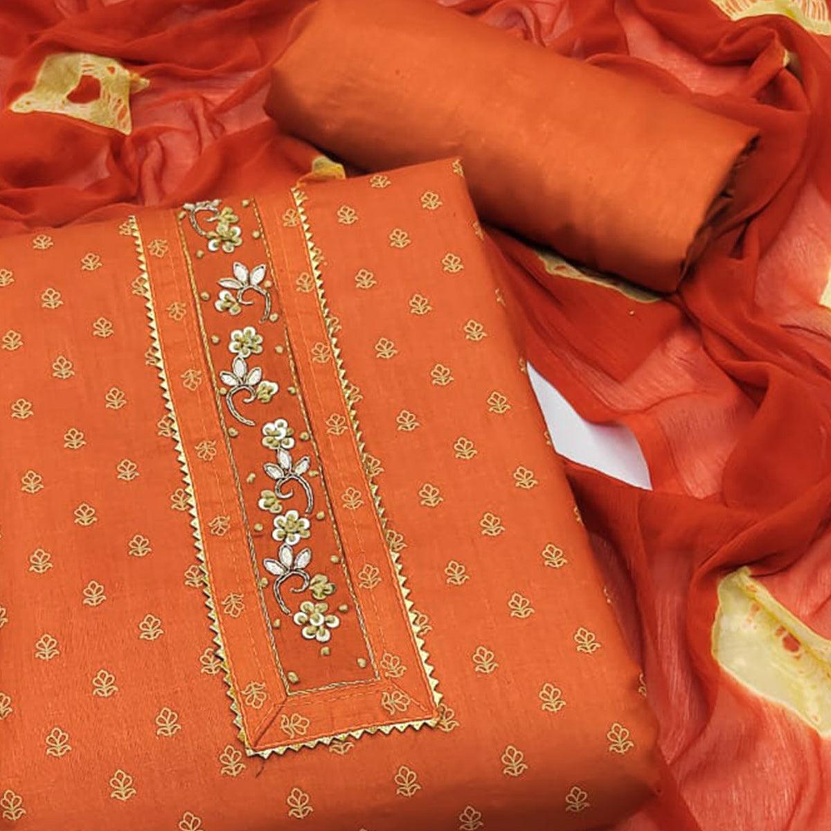 Orange Printed Pure Cotton Dress Material - Peachmode