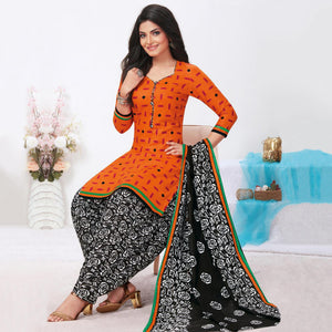 Orange Printed Pure Cotton Patiala Dress Material - Peachmode
