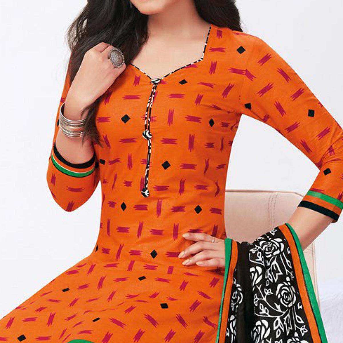 Orange Printed Pure Cotton Patiala Dress Material - Peachmode