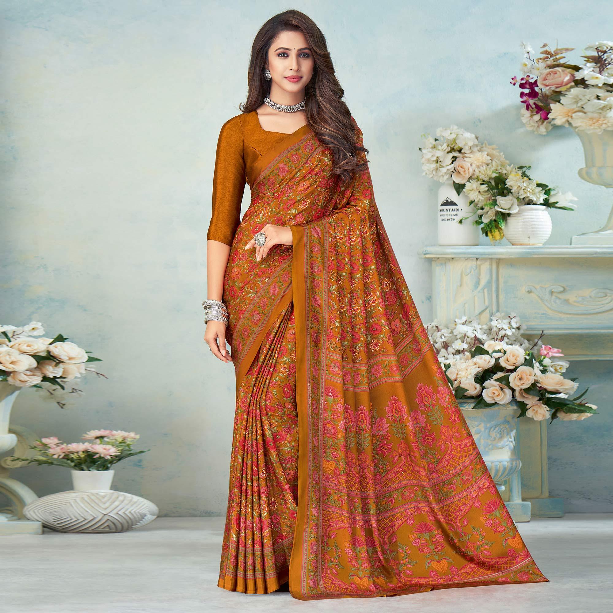 Orange Printed Raw Silk Saree - Peachmode