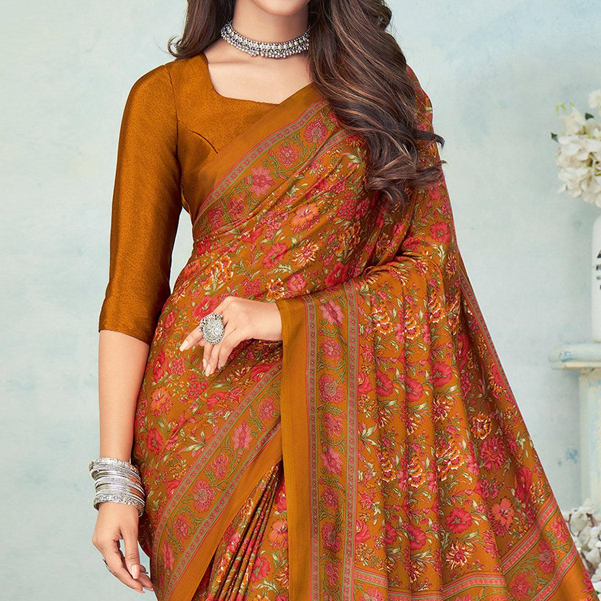 Orange Printed Raw Silk Saree - Peachmode
