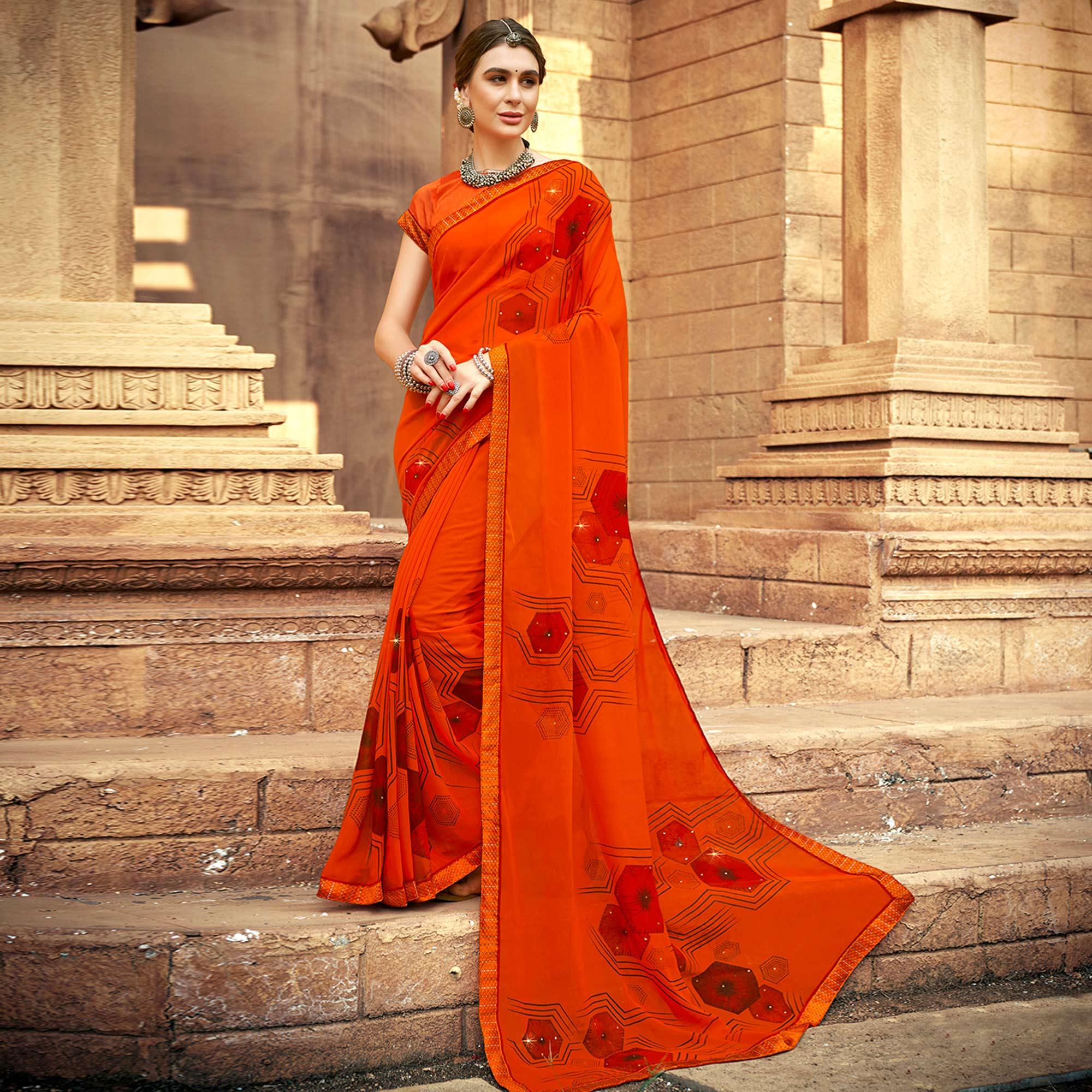 Orange Printed-Sequins Work Georgette Saree - Peachmode